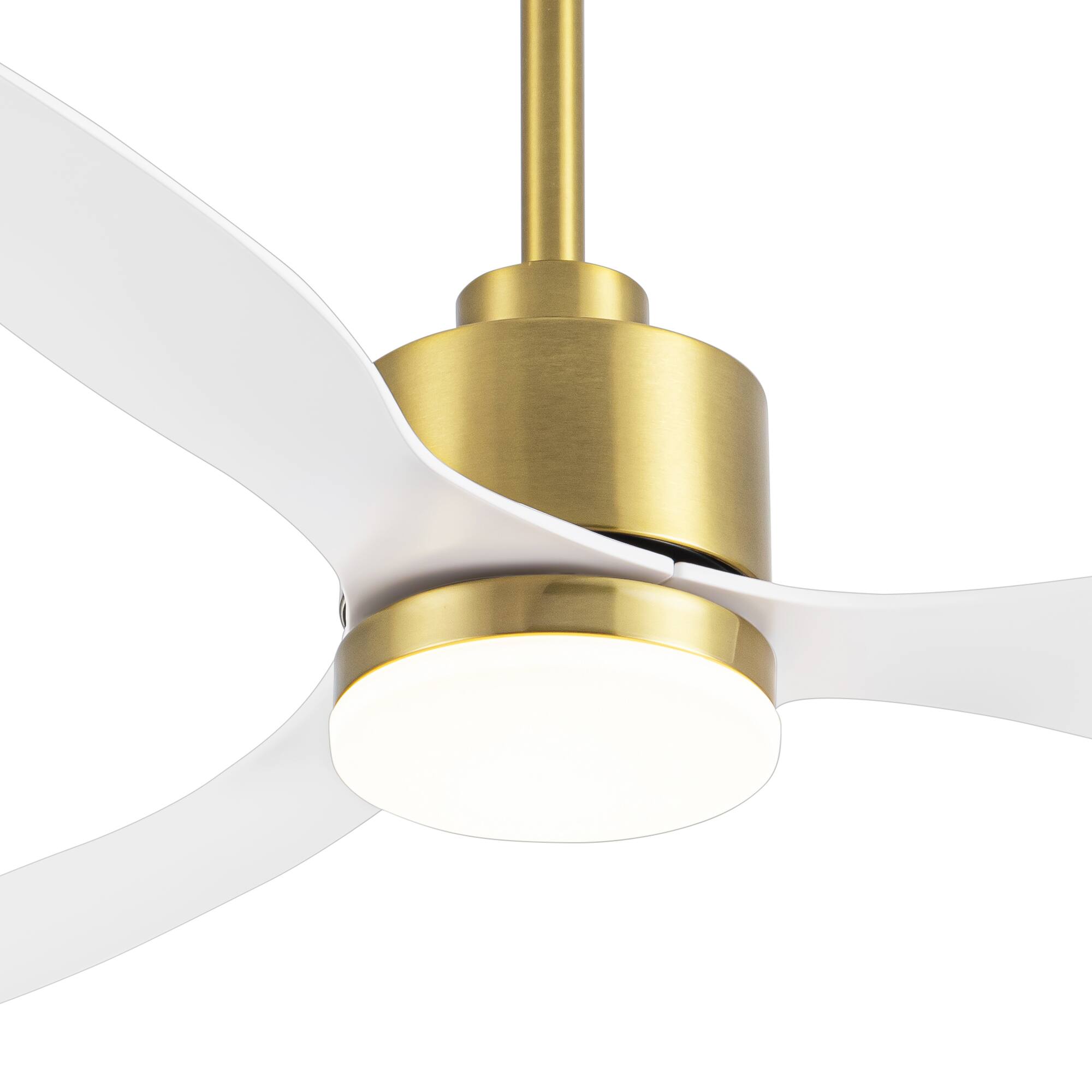 Left. Breezary - 52" Indoor Ceiling Fan, 3 ABS Blades, 6-Speed DC Motor, Remote Control, Memory/Timer, 3-Color LED Light, 5"/10" Downrods - Gold and White.