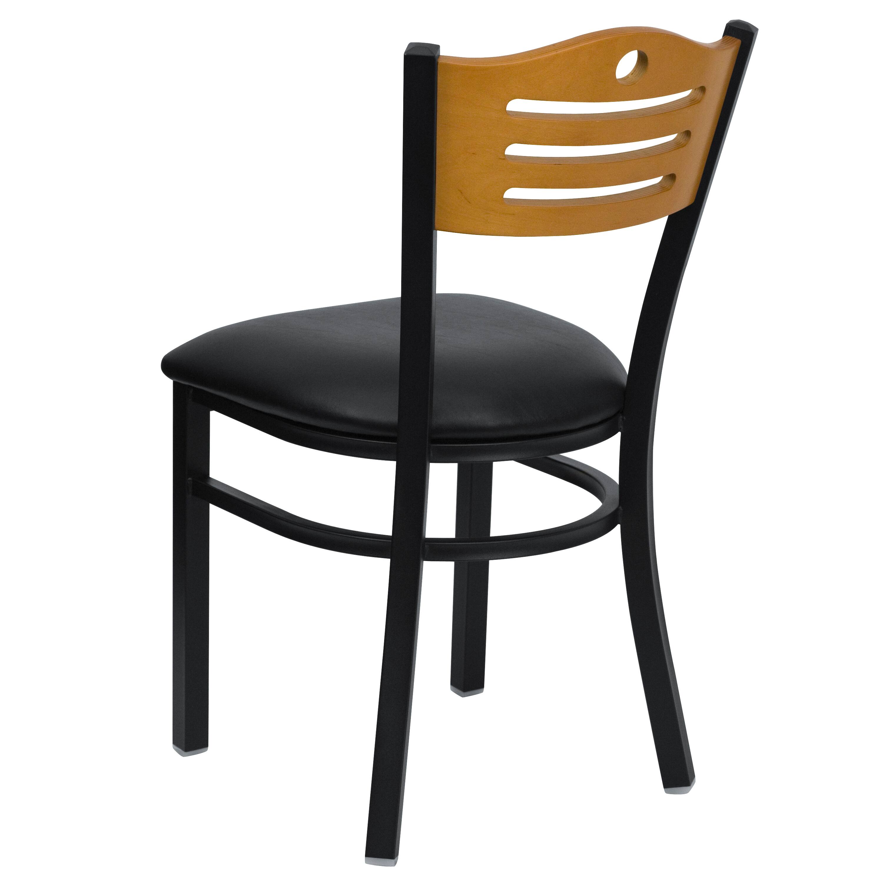 Alt View 5. Emma + Oliver - Slat Back Metal Restaurant Dining Chair - Natural Wood Back/Black Vinyl Seat/Black Metal.
