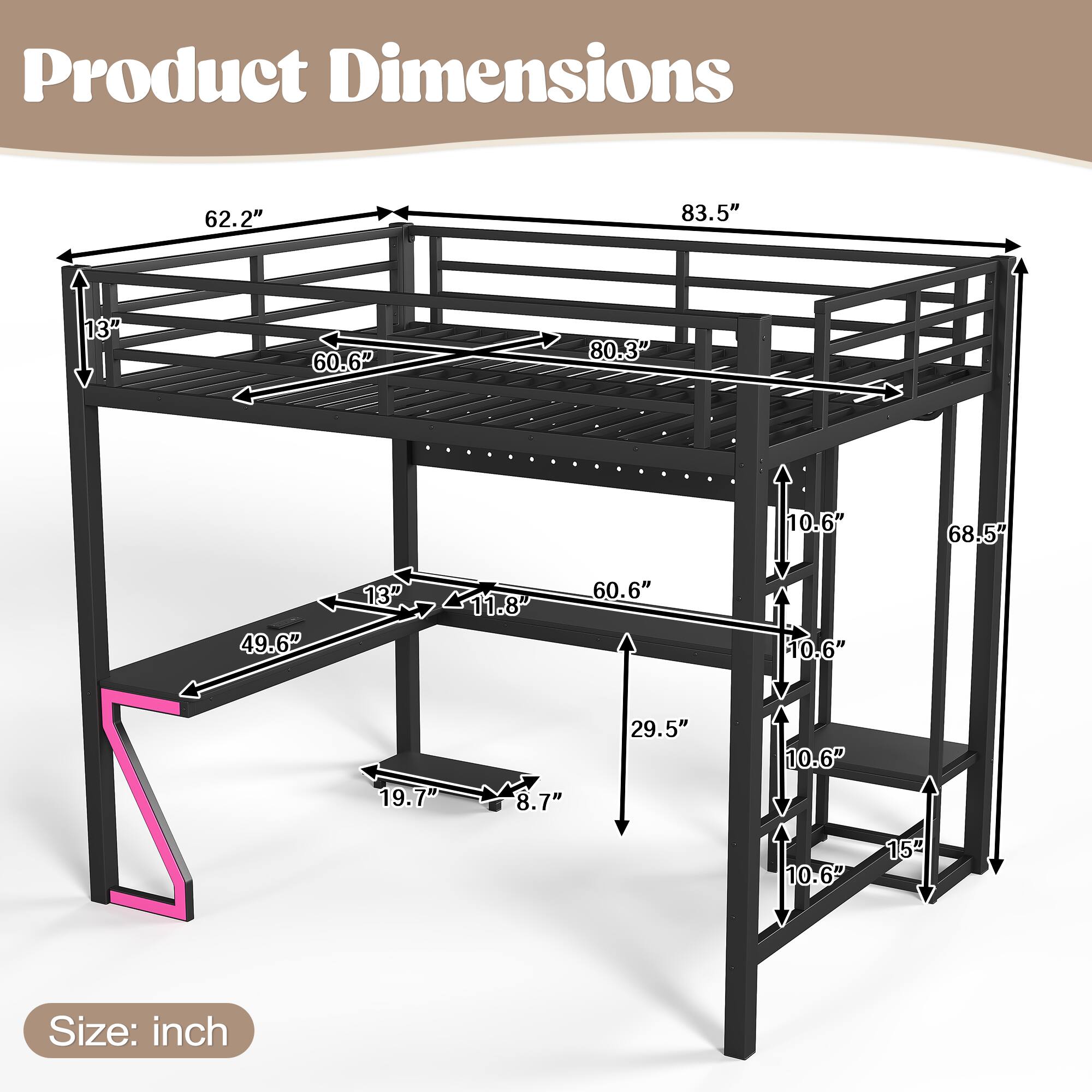 Product Dimensions: 62.2" x 83.5" x 13H, 60.6" x 80.3" x 10.6", 68.5" x 49.6" x 13", 11.8" x 60.6" x 10.6", 19.7" x 8.7" x 29.5" x 10.6" x 10.6" x 15"  
Size: inch