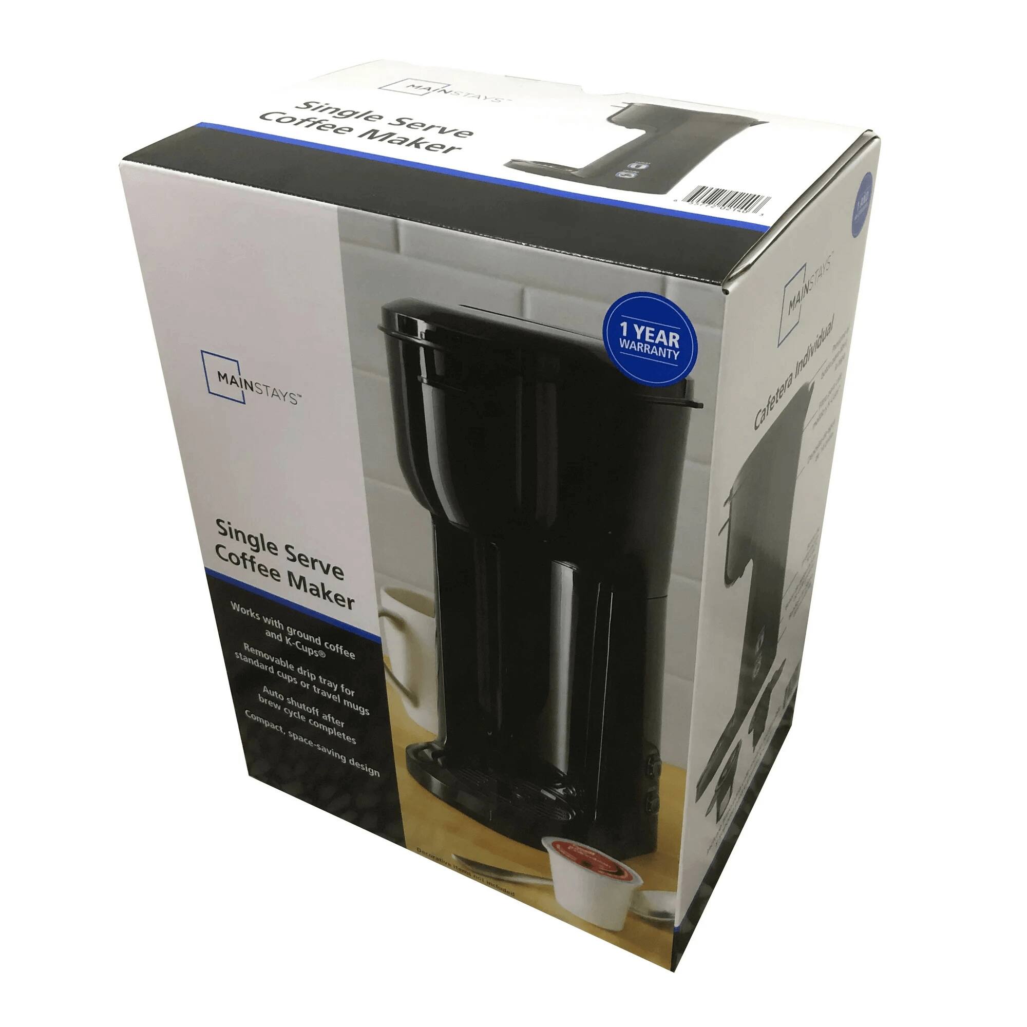 **Mainstays Single Serve Coffee Maker**

- **1 Year Warranty**
- Works with ground coffee and K-Cups
- Removable drip tray for easy cleanup
- Removable cup tray for easy access
- Auto shut-off after brew cycle completes
- Compact, space-saving design