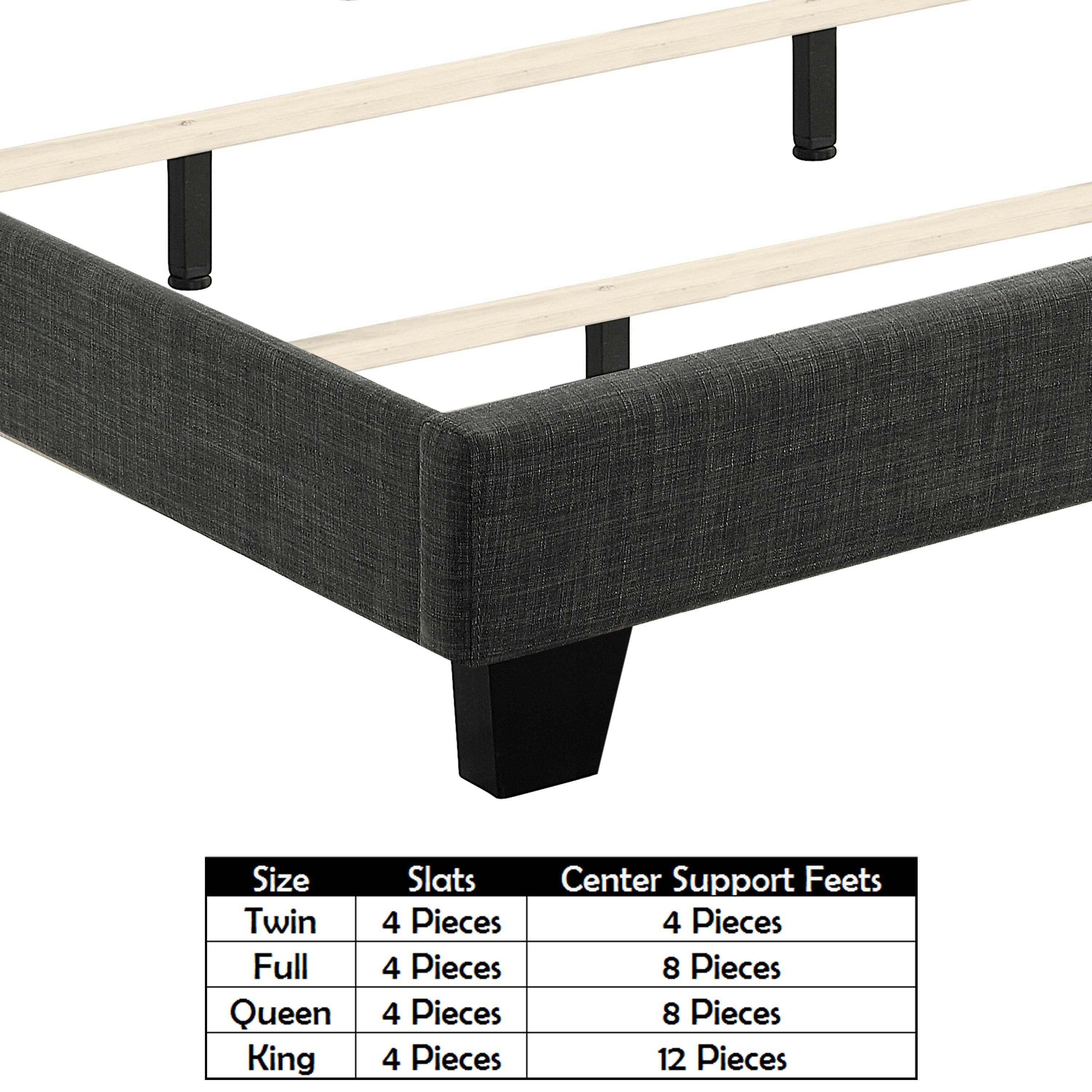 Size | Slats | Center Support Feet  
Twin | 4 Pieces | 4 Pieces  
Full | 4 Pieces | 8 Pieces  
Queen | 4 Pieces | 8 Pieces  
King | 4 Pieces | 12 Pieces