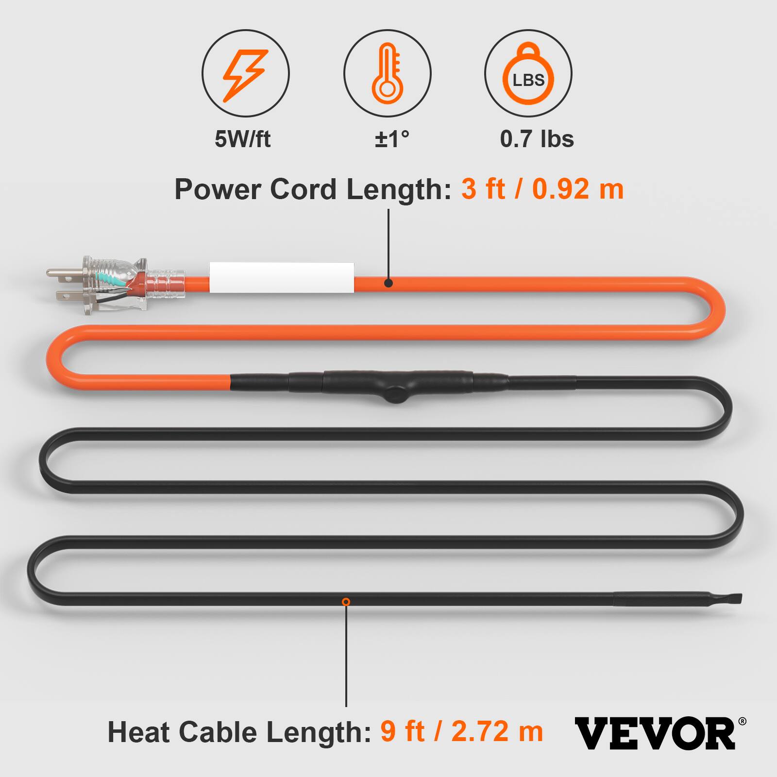 5W/ft  
±1°  
0.7 lbs  

Power Cord Length: 3 ft / 0.92 m  

Heat Cable Length: 9 ft / 2.72 m  

VEVOR