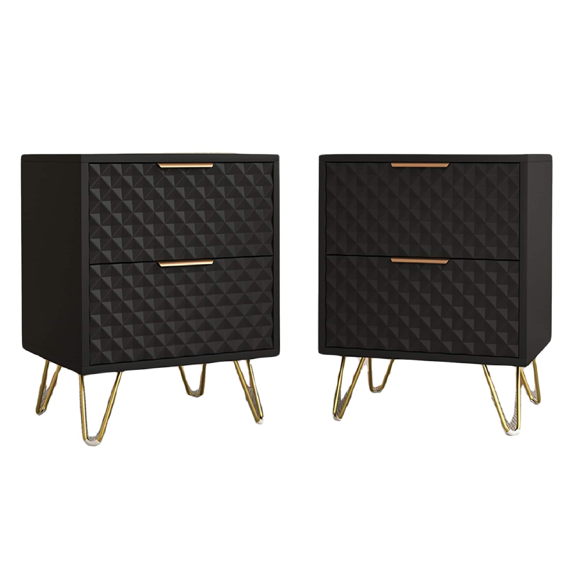 Spaco - 2PCS Modern Nightstand with Diamond Texture, 2 Drawers, Gold Accents & Hairpin Legs, Bedroom Storage Cabinet - Black