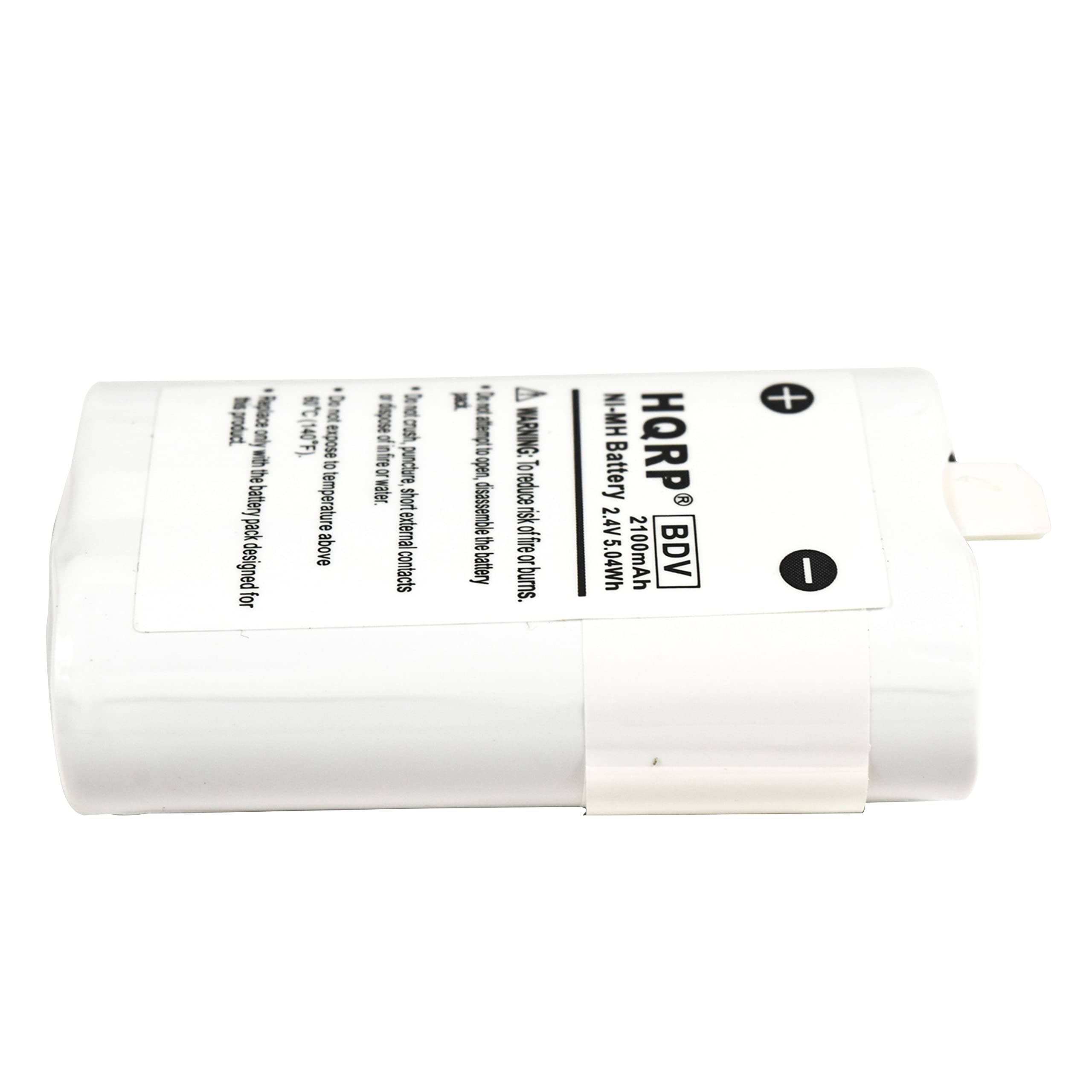I replace product only & the battery pack designed for N not 14,0% expose to temperature above a dispose cush df mire ounchure S water short external contacts H atemg B apen disassemble the battery D HARNING: To soubeno nisk iskoffire or burns. NI-MH Battery HQRP & 2.4V 5.04Wh 2100mAh BDV +
