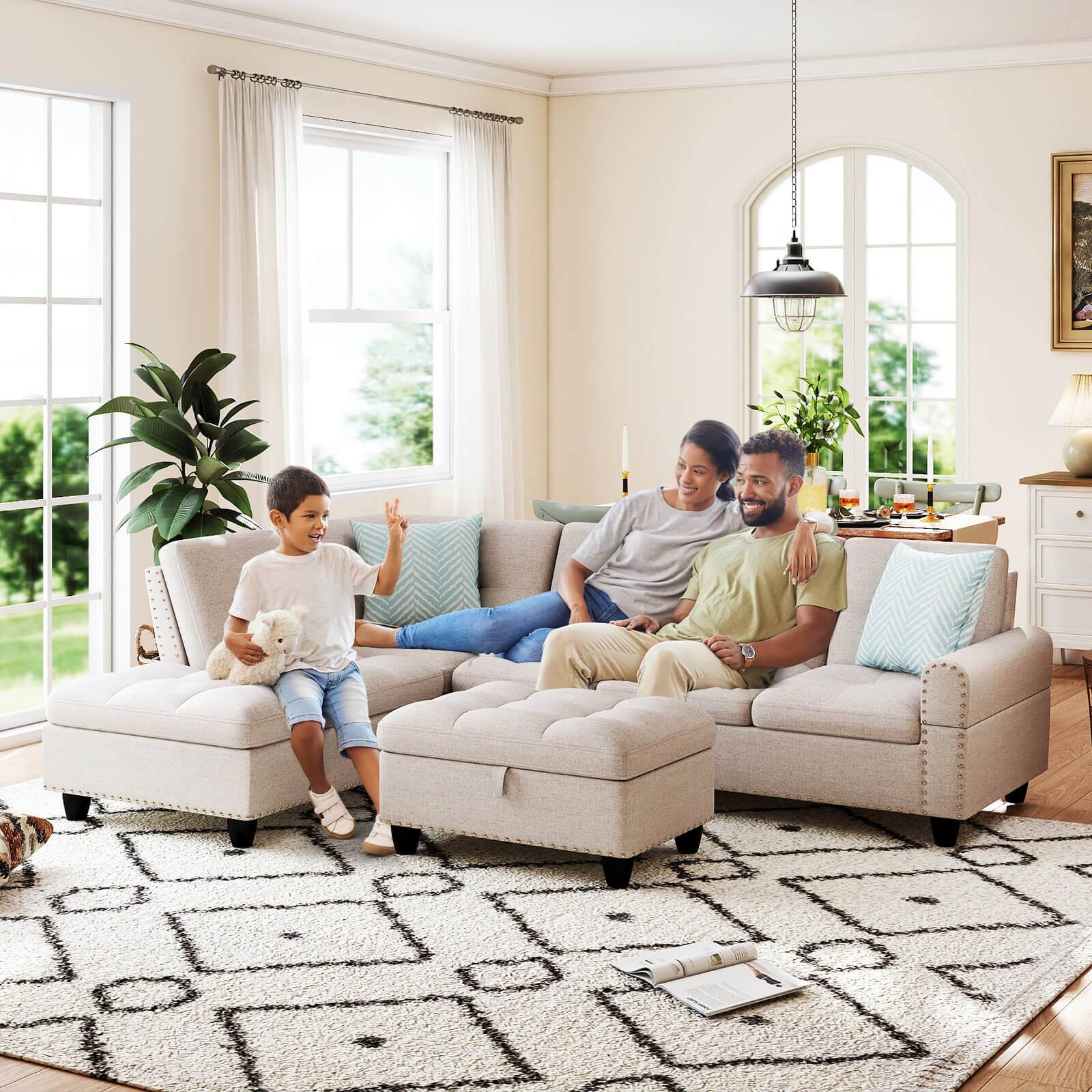 Alt View 3. Costway - Costway 98" L-Shaped Sofa with Movable Storage Ottoman Linen Fabric Backs Seats Cup Holders - Beige.