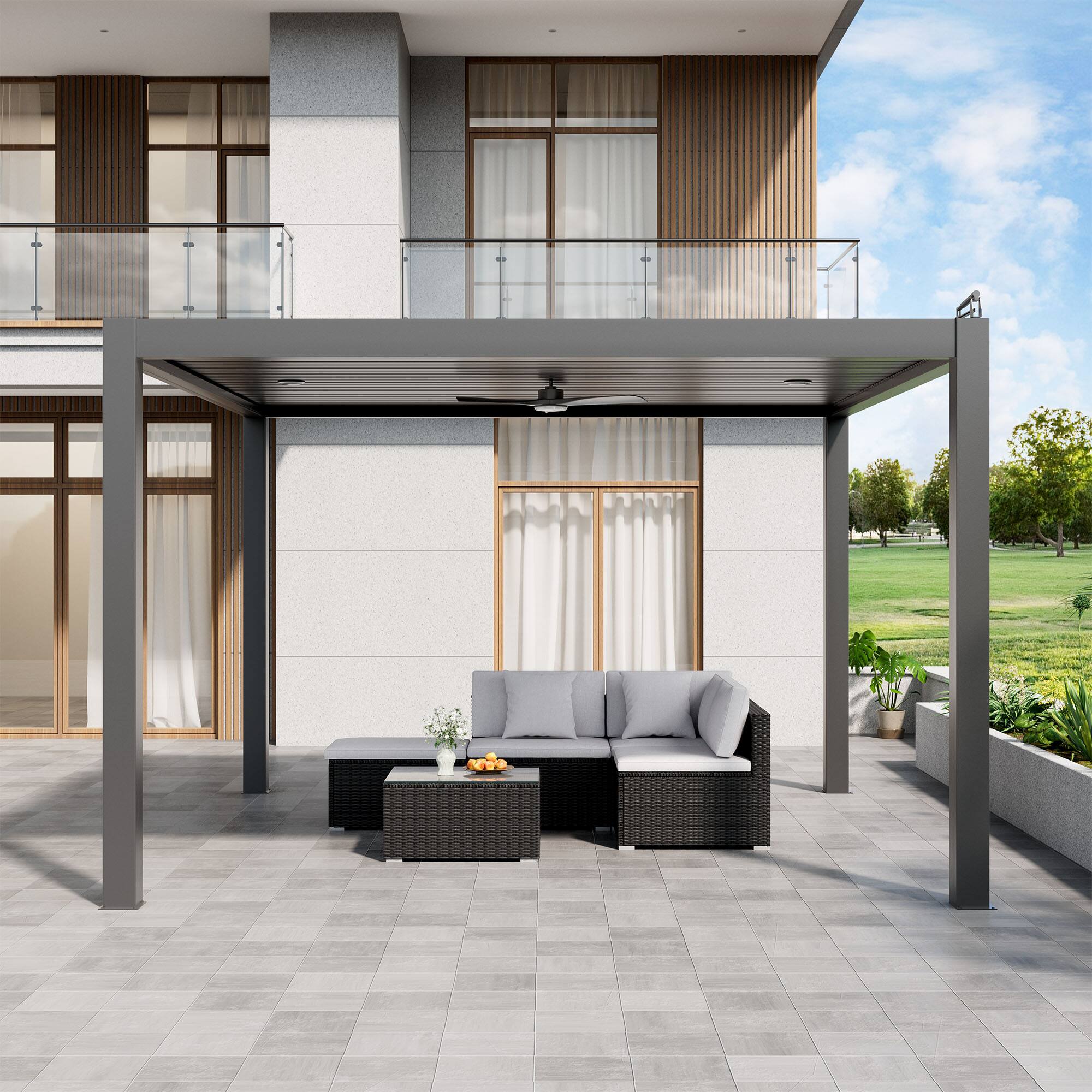 Angle. Mondawe - 13ft x 14ft Solar-Powered Aluminum Pergola with Adjustable Louvers,Remote Control and Hidden Drainage System - Grey.