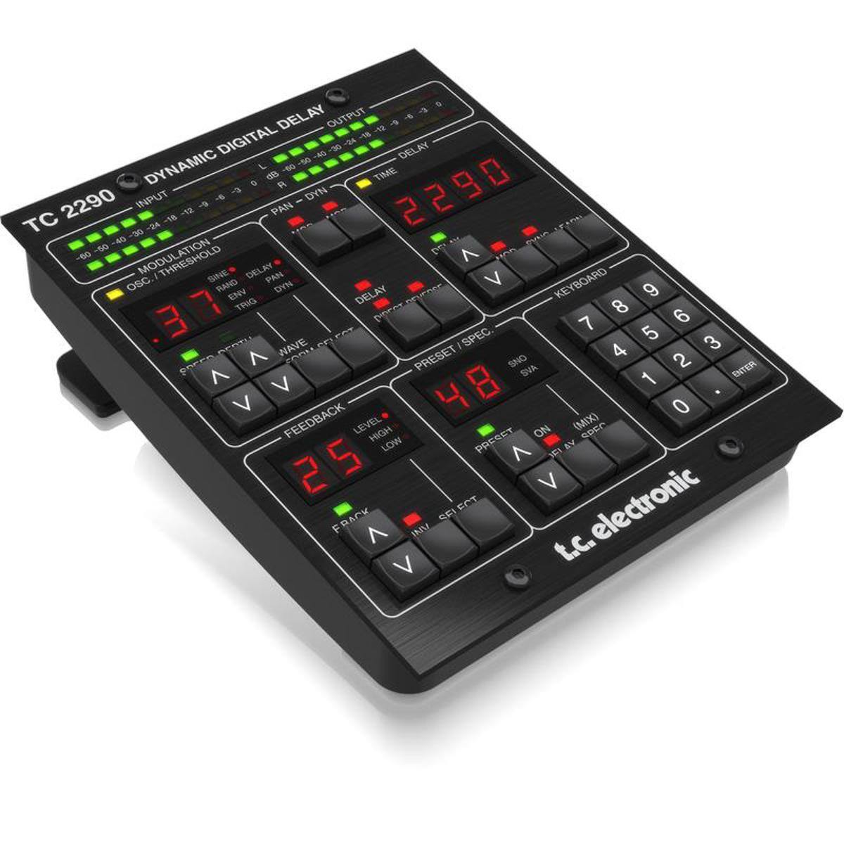 DELAY OUTPUT 12 9630 DIGITAL -24 -18 40 30 DELAY DYNAMIC 60 -50 0 dB A TIME TC 2290 -40 -30 INPUT -24 -18 -12 -9 -3 PAN DYN 2290 CVNC LEAON -50 DEL -60 THRESHOLD SINE DELAY PAN V KEYBOARD OSC RAND ENV DYN DELAY REVERGE 9 TRIG DIRECT 8 7 6 SPEC. 5 3 DERTH WAVE FORM PRESET SNO 4 2 SPEED ^ SVA 1 ENTER 0 FEEDBACK LEVEL HIGH LOW PRESET ON AY (MIX) SPEC V CI FRACK V SFI EFFECT t.c. electronic