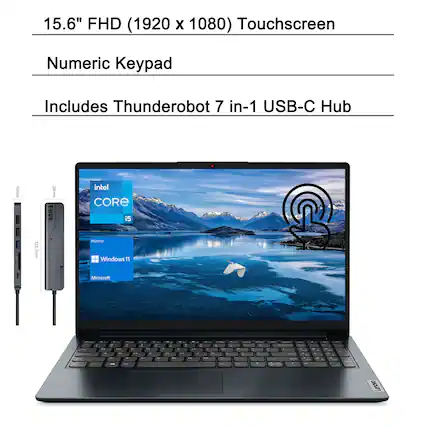 15.6" FHD (1920 x 1080) Touchscreen
Numeric Keypad
Includes Thunderobot 7 in-1 USB-C Hub
Intel Core i5
Home Windows 11
Microsoft
Lenovo