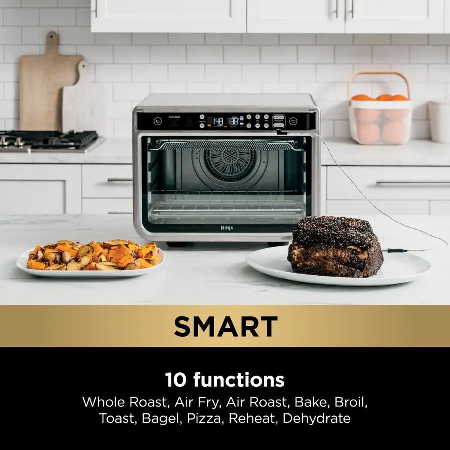 C 48 - Ninja Smart 10 functions: Whole Roast, Air Fry, Air Roast, Bake, Broil, Toast, Bagel, Pizza, Reheat, Dehydrate.