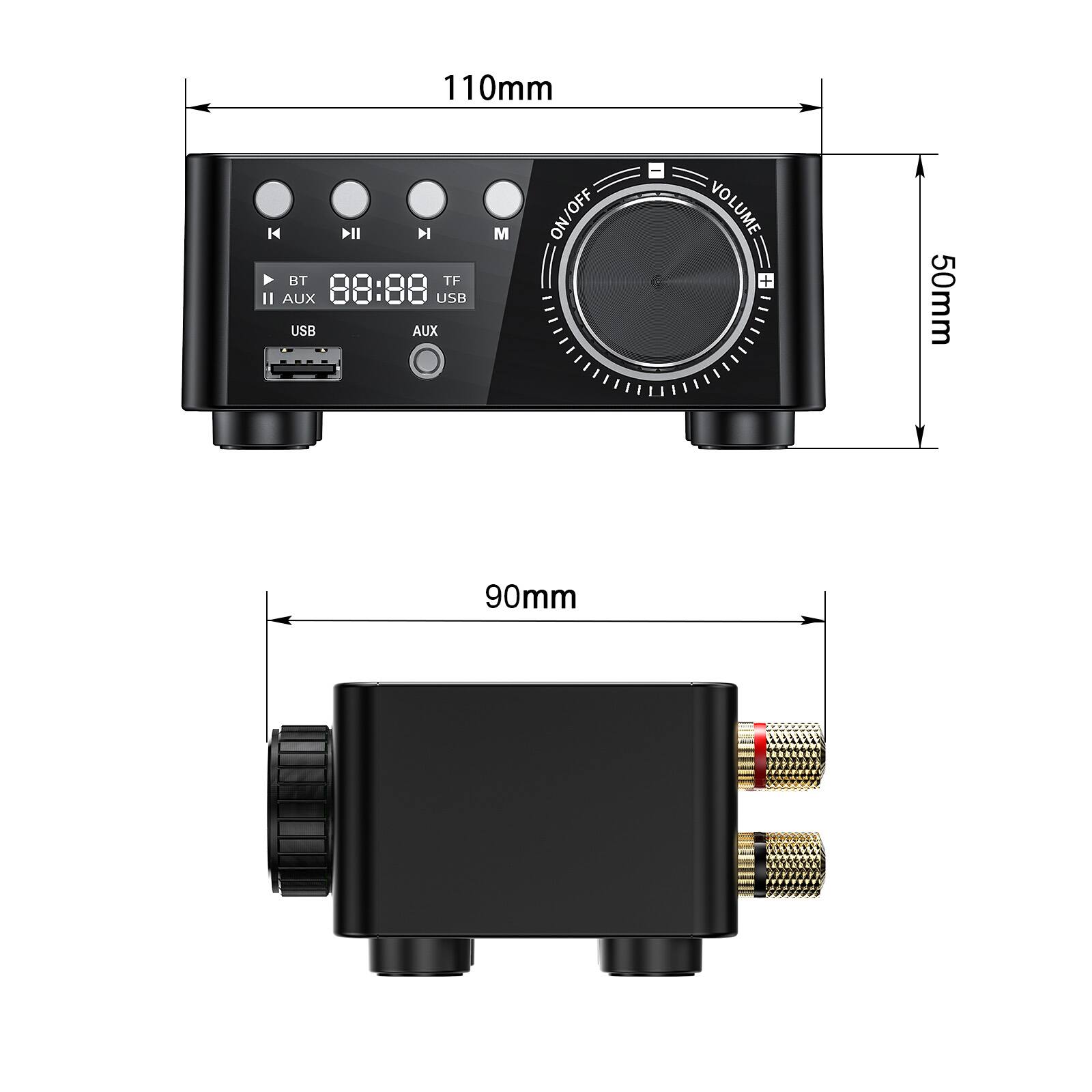 110mm  
50mm  
90mm  

BT 88:88 TF  
USB AUX  
ON/OFF VOLUME +  
AUX  
USB