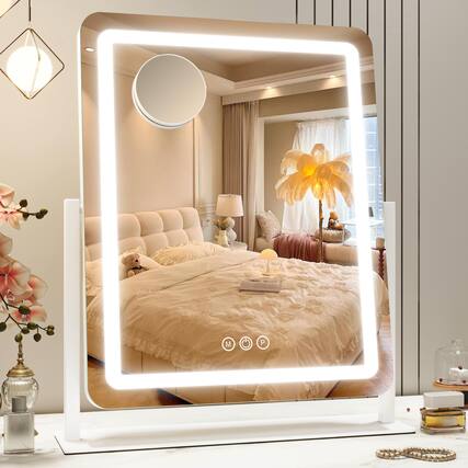 Front. Dapper Styles - Vanity Mirror With Lights - Smart Touch Dimming 3-color Lighting 360 Rotatable Desktop Makeup For Desk x17 - White-22"L x 18"W.