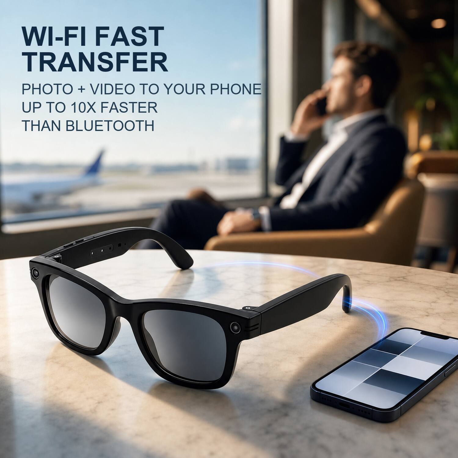 WI-FI FAST TRANSFER  
PHOTO + VIDEO TO YOUR PHONE UP TO 10X FASTER THAN BLUETOOTH