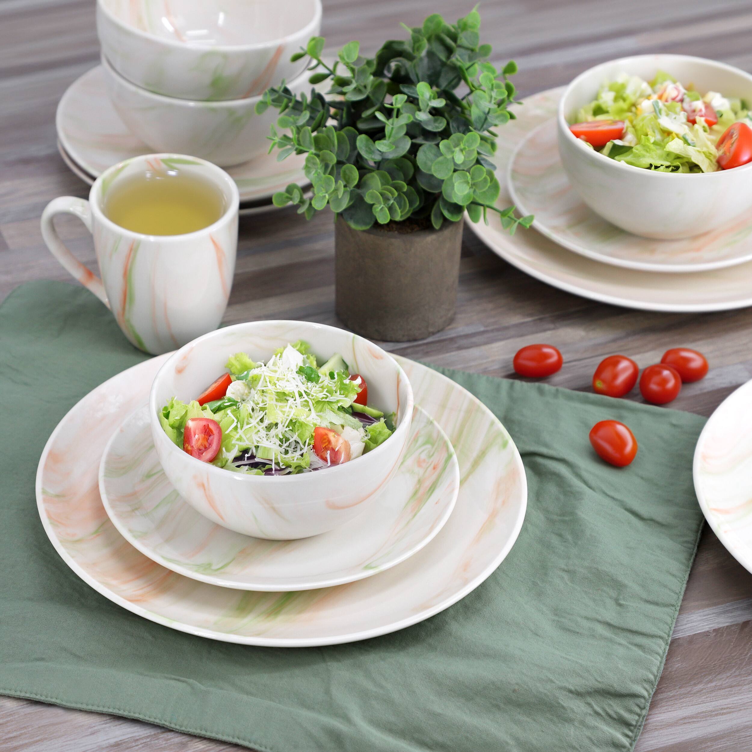 Alt View 7. Elama - Elama Fine Marble 16 Piece Porcelain Dinnerware Set in Orange and Green - Orange and Green.