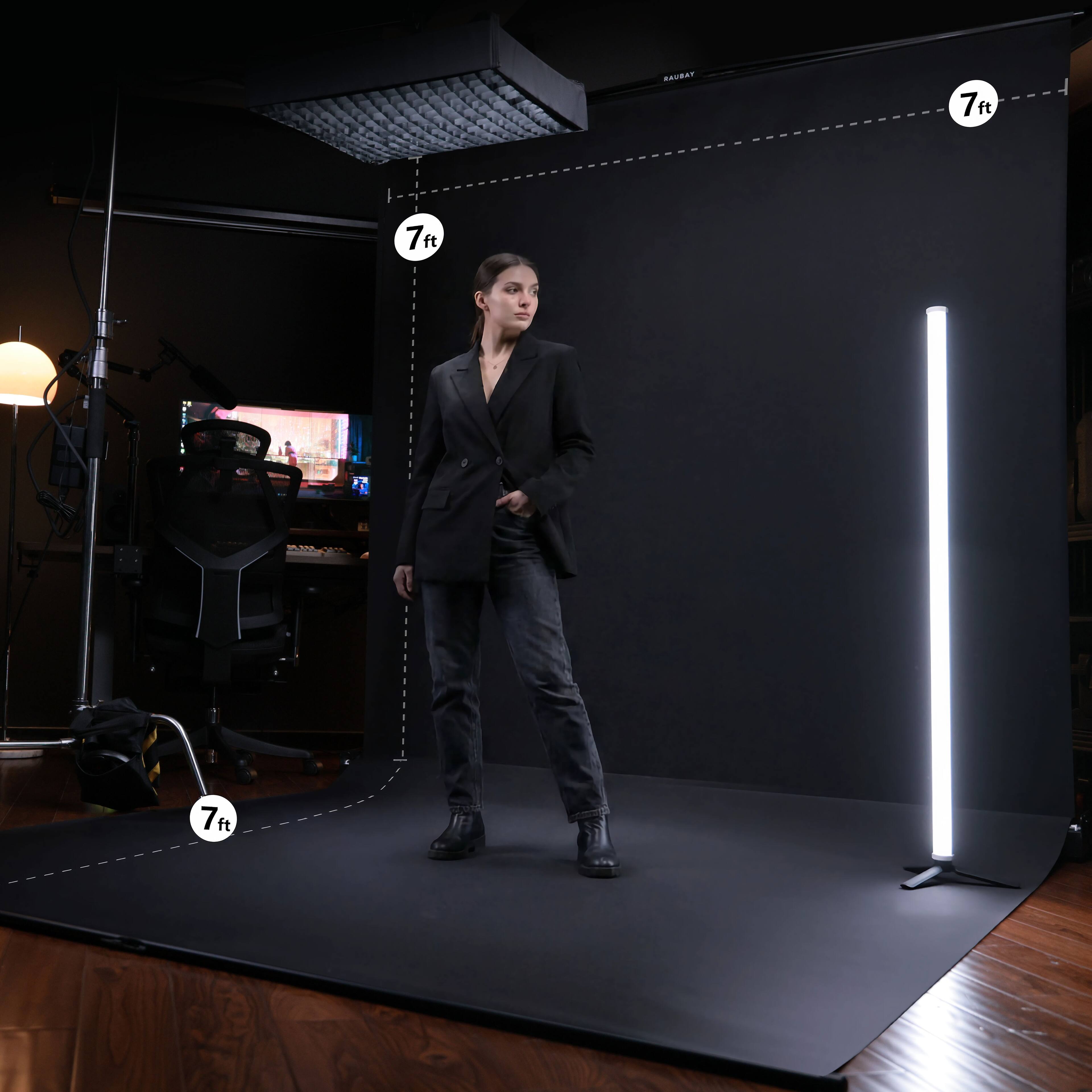 Left. RAUBAY - Collapsible Black Screen - FloorFlex™ Backdrop with Floor Extension 7x7x7ft - Portable Retractable Background with Stand.