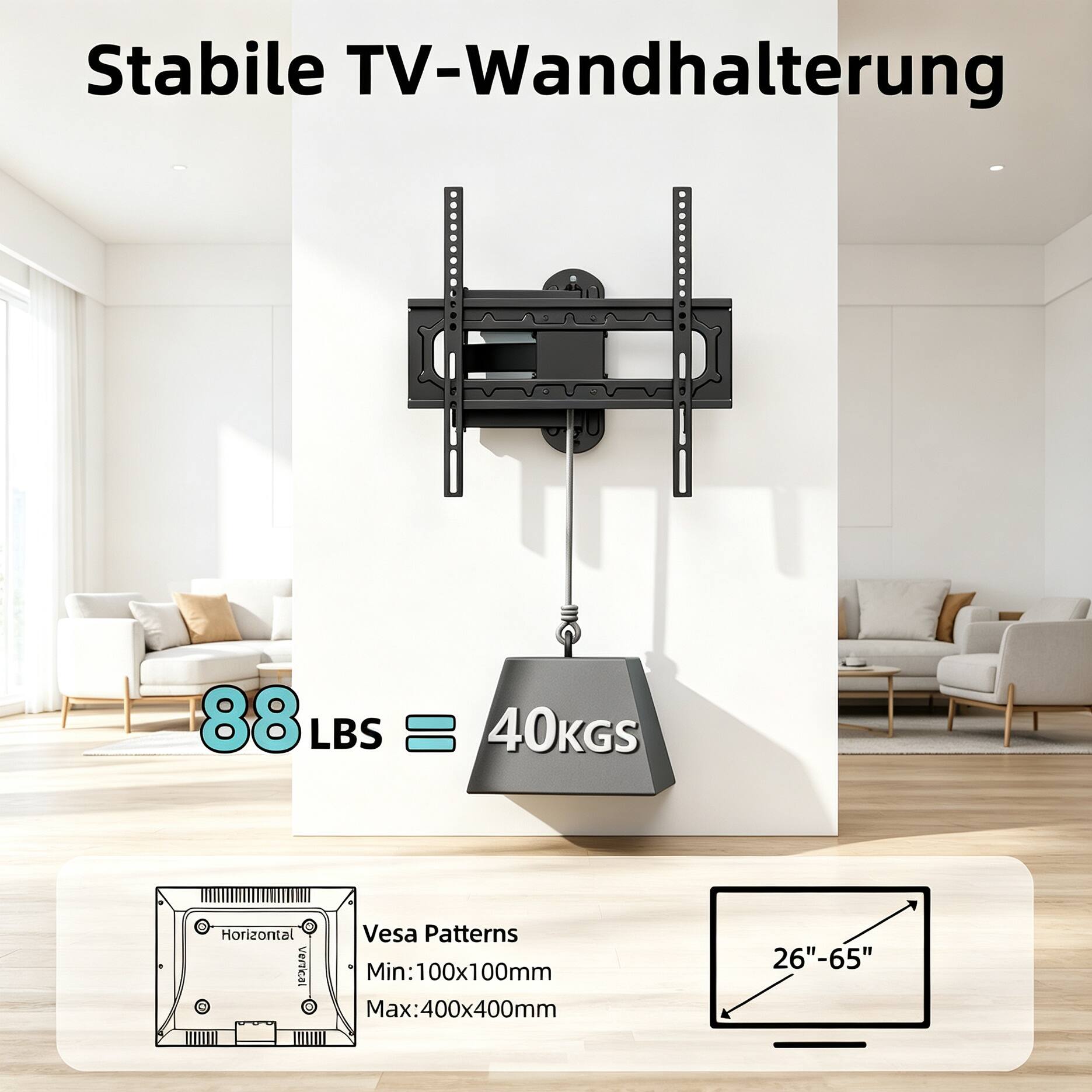 Stabile TV-Wandhalterung

88 LBS = 40 KGS

Horizontal Vesa Patterns
Min: 100x100mm
Max: 400x400mm

26"-65"