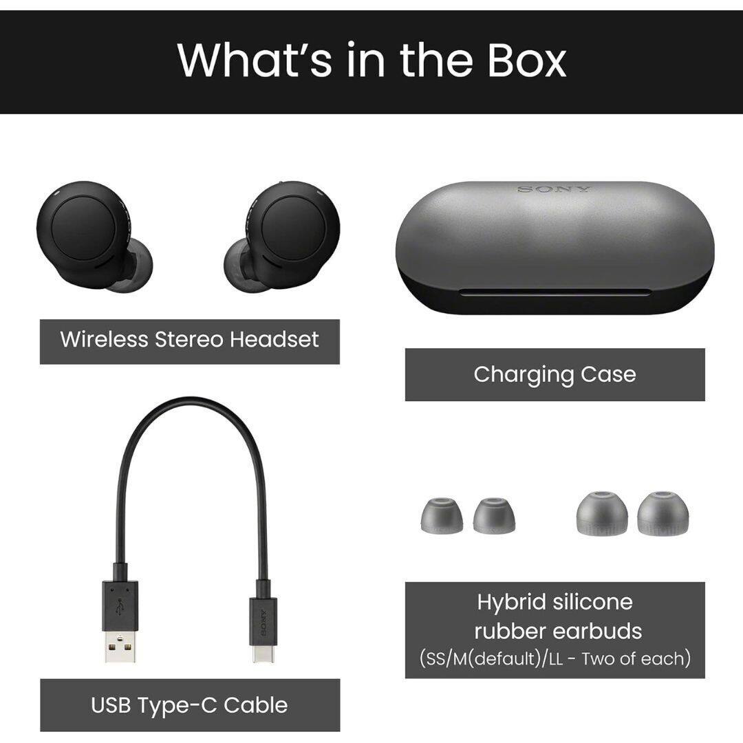 What's in the Box: Sony Wireless Stereo Headset, Charging Case, Hybrid Silicone Rubber Earbuds (2 of each), USB Type-C Cable.