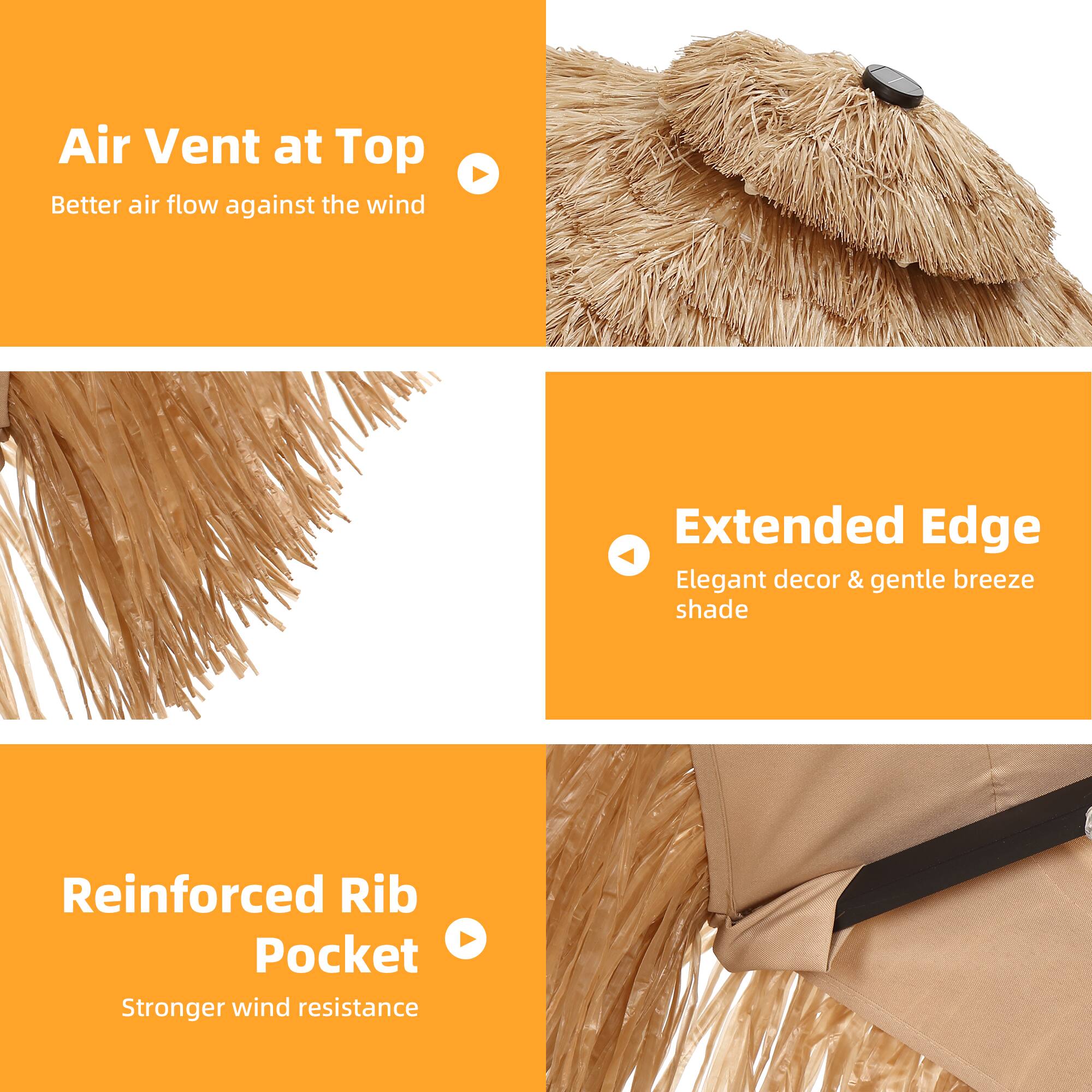 Air Vent at Top  
Better air flow against the wind  

Extended Edge  
Elegant decor & gentle breeze shade  

Reinforced Rib Pocket  
Stronger wind resistance