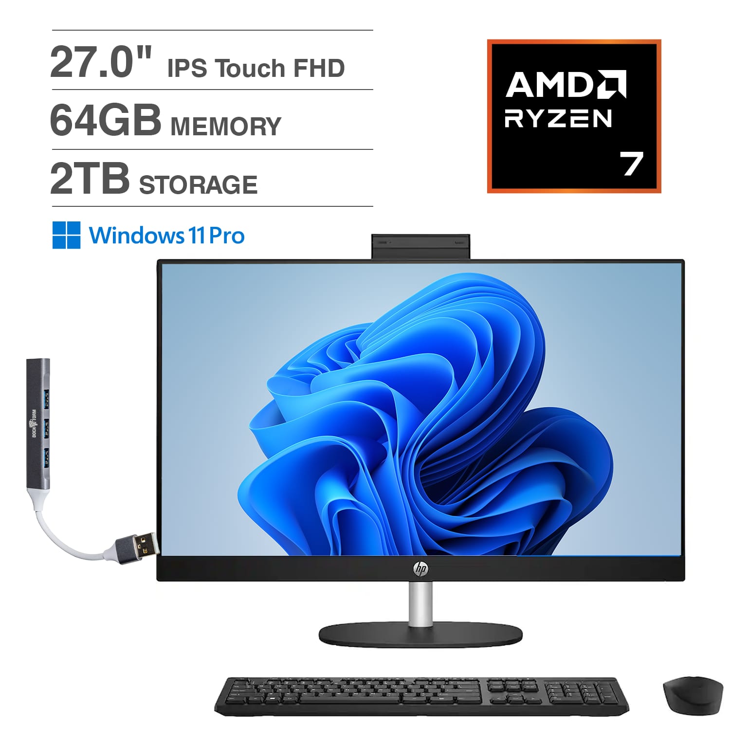 HP - 27 All-in-One 27 FHD (AMD Ryzen 7 7730U, 64GB DDR4, 2TB PCIe SSD, AMD Radeon, Win 11 Pro) w/USB Hub - Jet Black