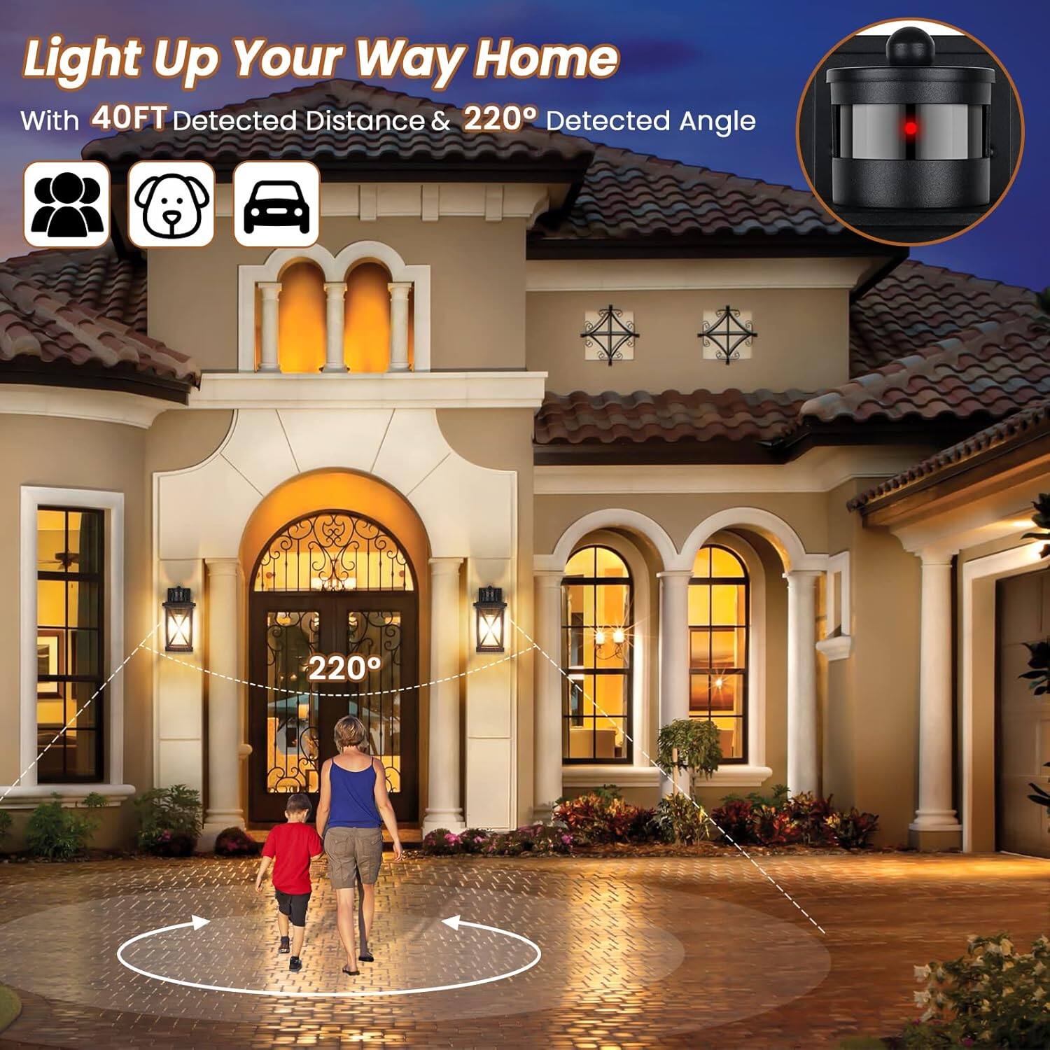 Light Up Your Way Home  
With 40FT Detected Distance & 220° Detected Angle
