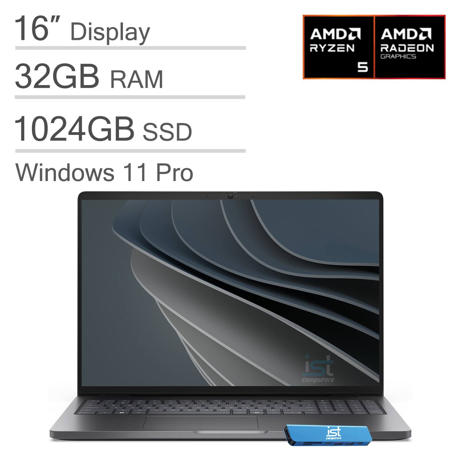 Dell - Pro 16 Laptop - 16" WUXGA - AMD Ryzen 5 220 - 32GB Memory - 1TB SSD - Backlit - Thunderbolt - Windows 11Pro - Magnetite
