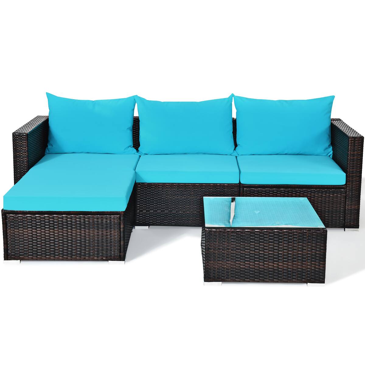 Alt View 4. Gymax - Gymax 5PCS Cushioned Rattan Patio Conversation Set w/ Coffee Table Ottoman - Blue.