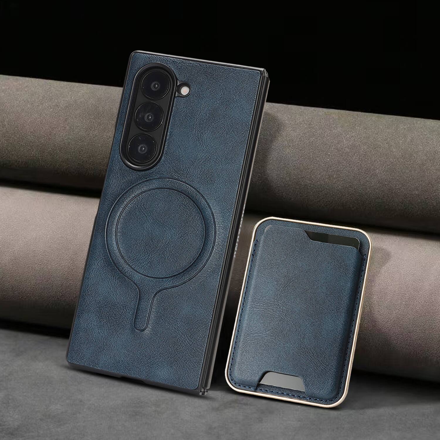 Alt View 4. Dteck - 2-in-1 Magnetic Detachable Wallet Case for Samsung Galaxy Z Fold7, Shockproof PU Leather Phone Cover with Card Holder - Blue.