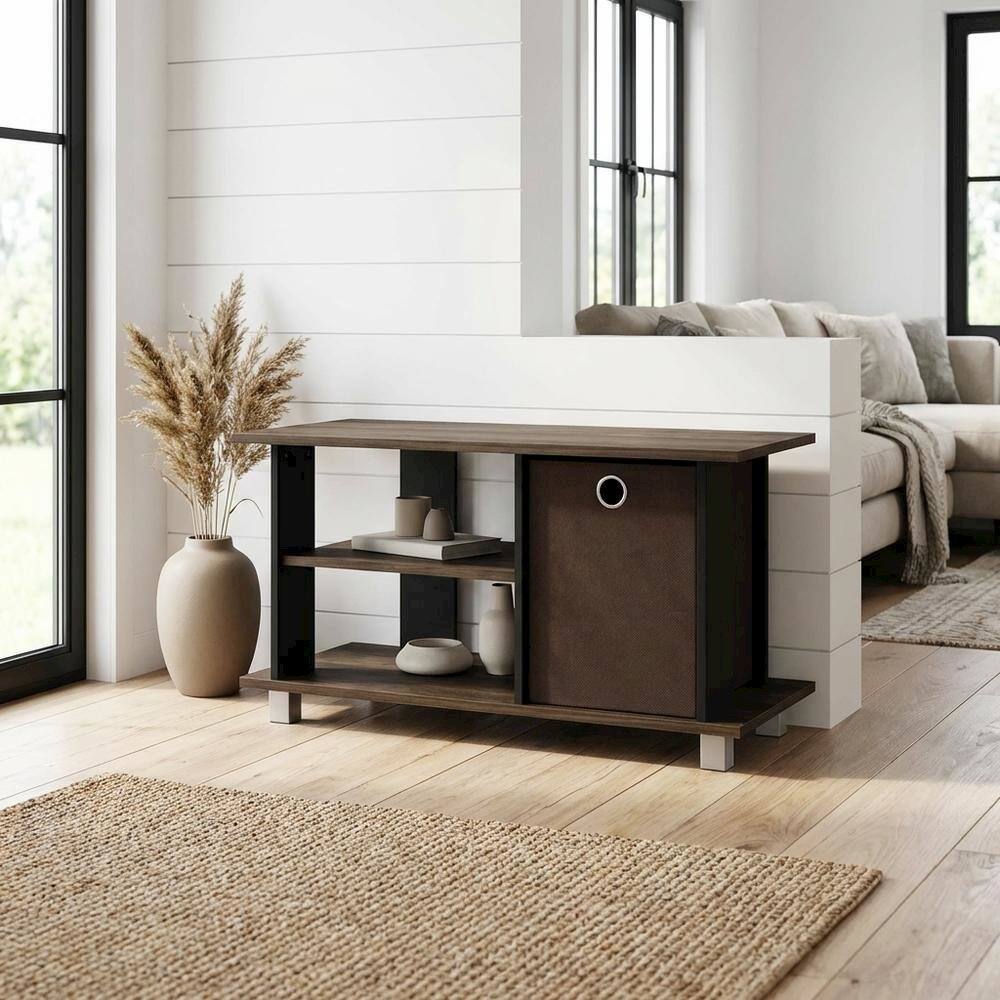 Alt View 1. FurniFact - Simplistic TV Stand with Storage Bins in Dark Brown and Walnut Finish - Brown black.