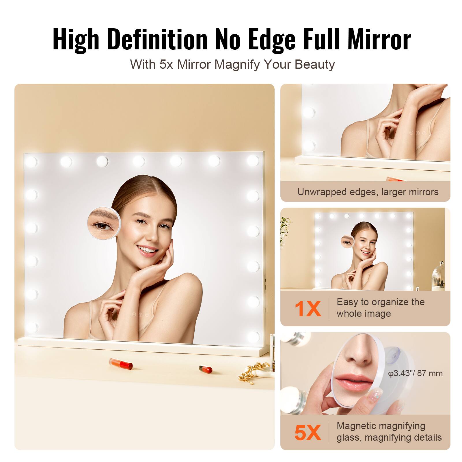 High Definition No Edge Full Mirror  
With 5x Mirror Magnify Your Beauty  

Unwrapped edges, larger mirrors  

1X  
Easy to organize the whole image  

5X  
Magnetic magnifying glass, magnifying details  

3.43" 87 mm