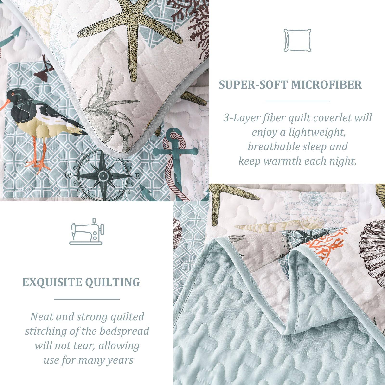 SUPER-SOFT MICROFIBER  
3-Layer fiber quilt coverlet will enjoy a lightweight, breathable sleep and keep warmth each night.

EXQUISITE QUILTING  
Neat and strong quilted stitching of the bedspread will not tear, allowing use for many years.