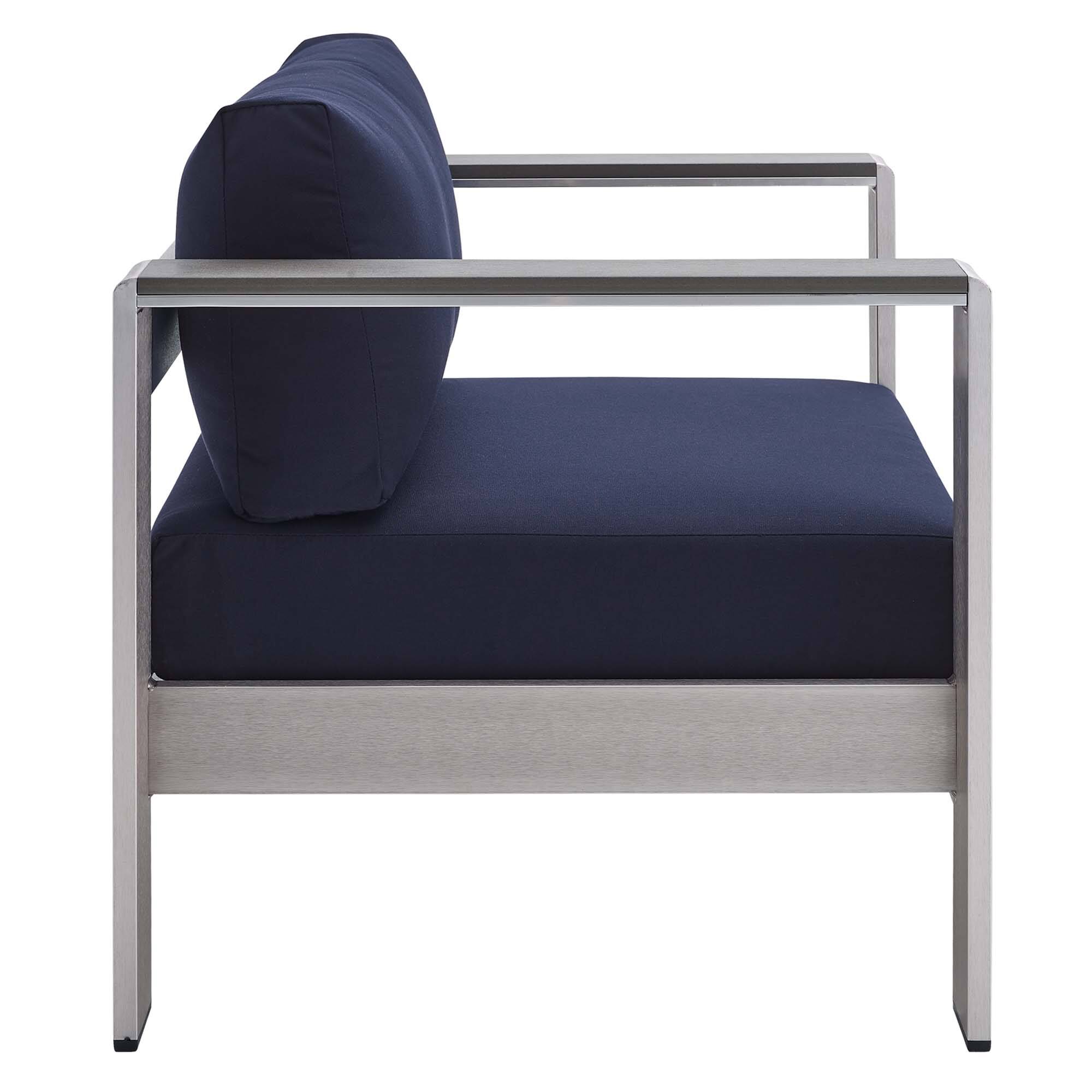 Alt View 1. Modway - Shore Sunbrella® Fabric Aluminum Outdoor Patio Armchair by Modway - Silver Navy.