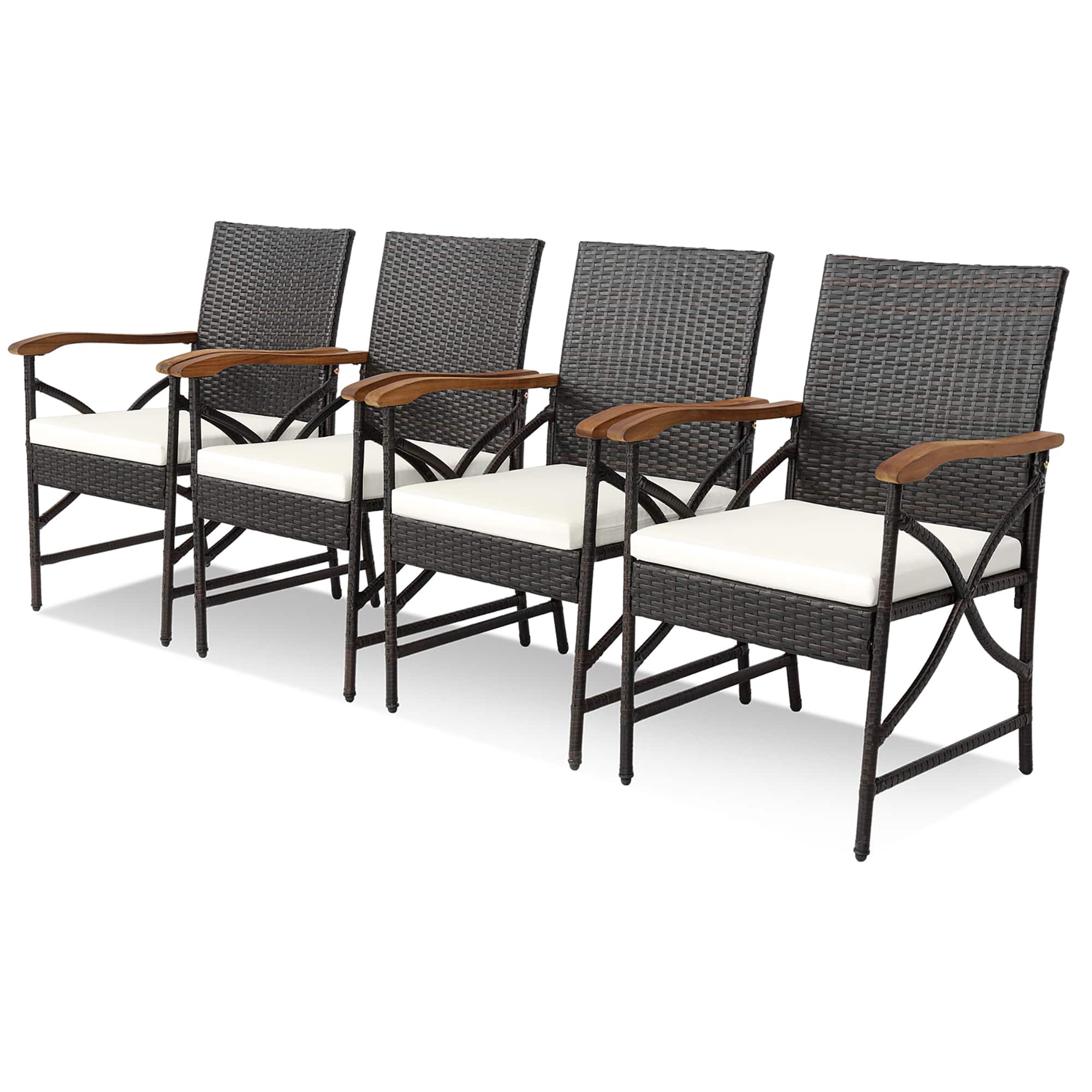 Gymax - Set of 4 PE Wicker Dining Chairs w/ White Soft Zippered Cushions Armchairs Patio - Mix Brown, White