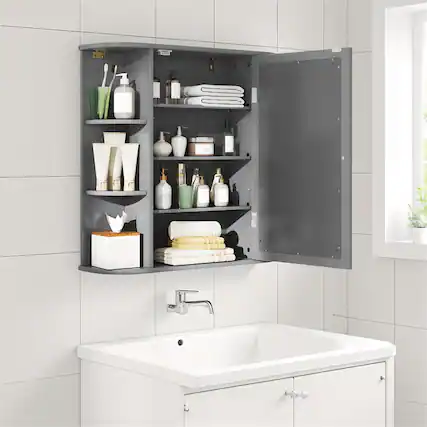 Front. Pefilos - Multipurpose Wall Surface Bathroom Cabinet, Mirror Storage, Waterproof, Gray - Gray.