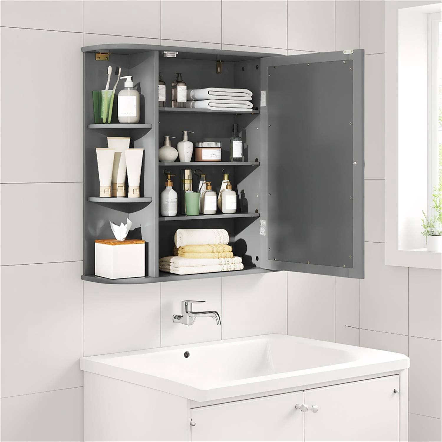Front. Pefilos - Multipurpose Wall Surface Bathroom Cabinet, Mirror Storage, Waterproof, Gray - Gray.