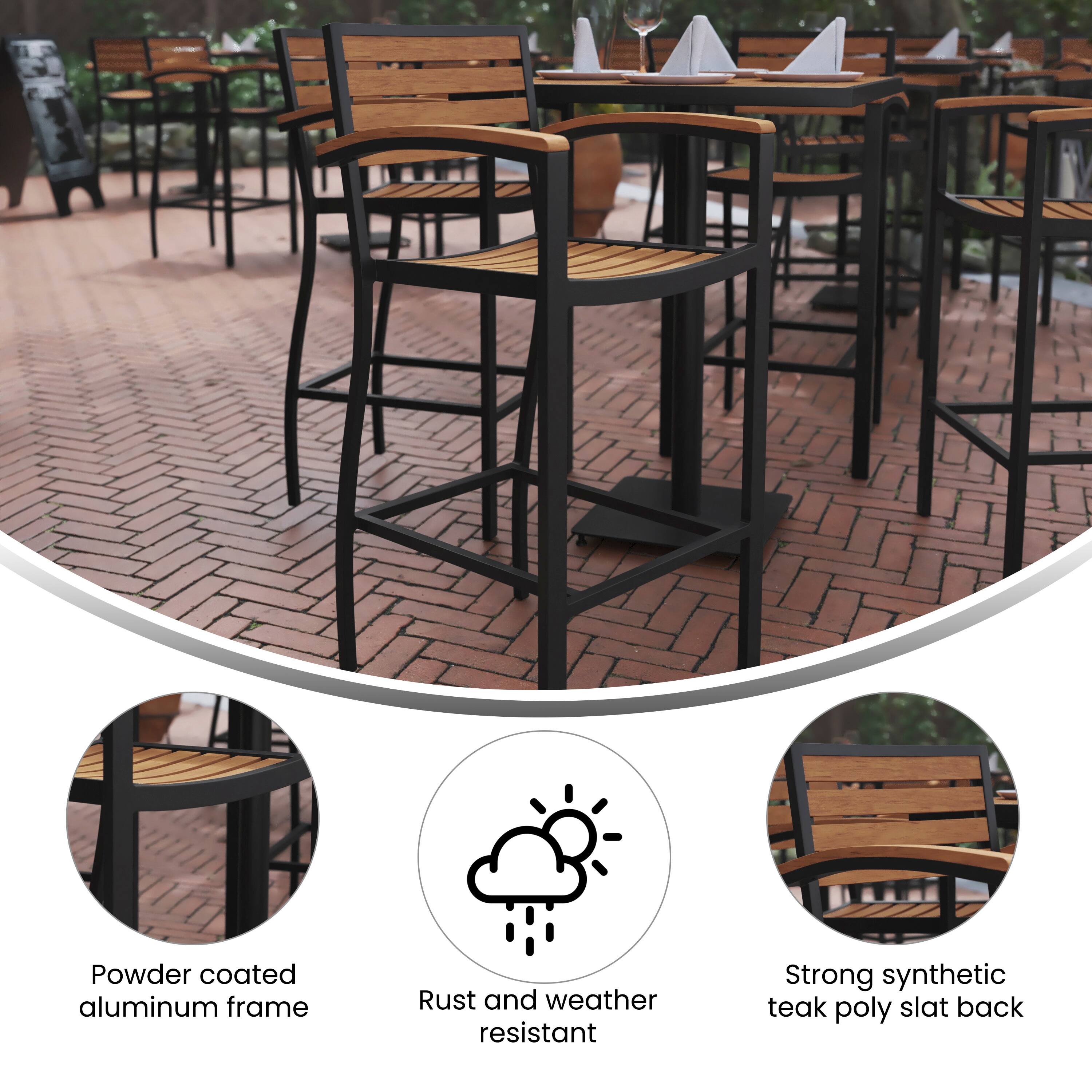 Powder coated aluminum frame  
Rust and weather resistant  
Strong synthetic teak poly slat back