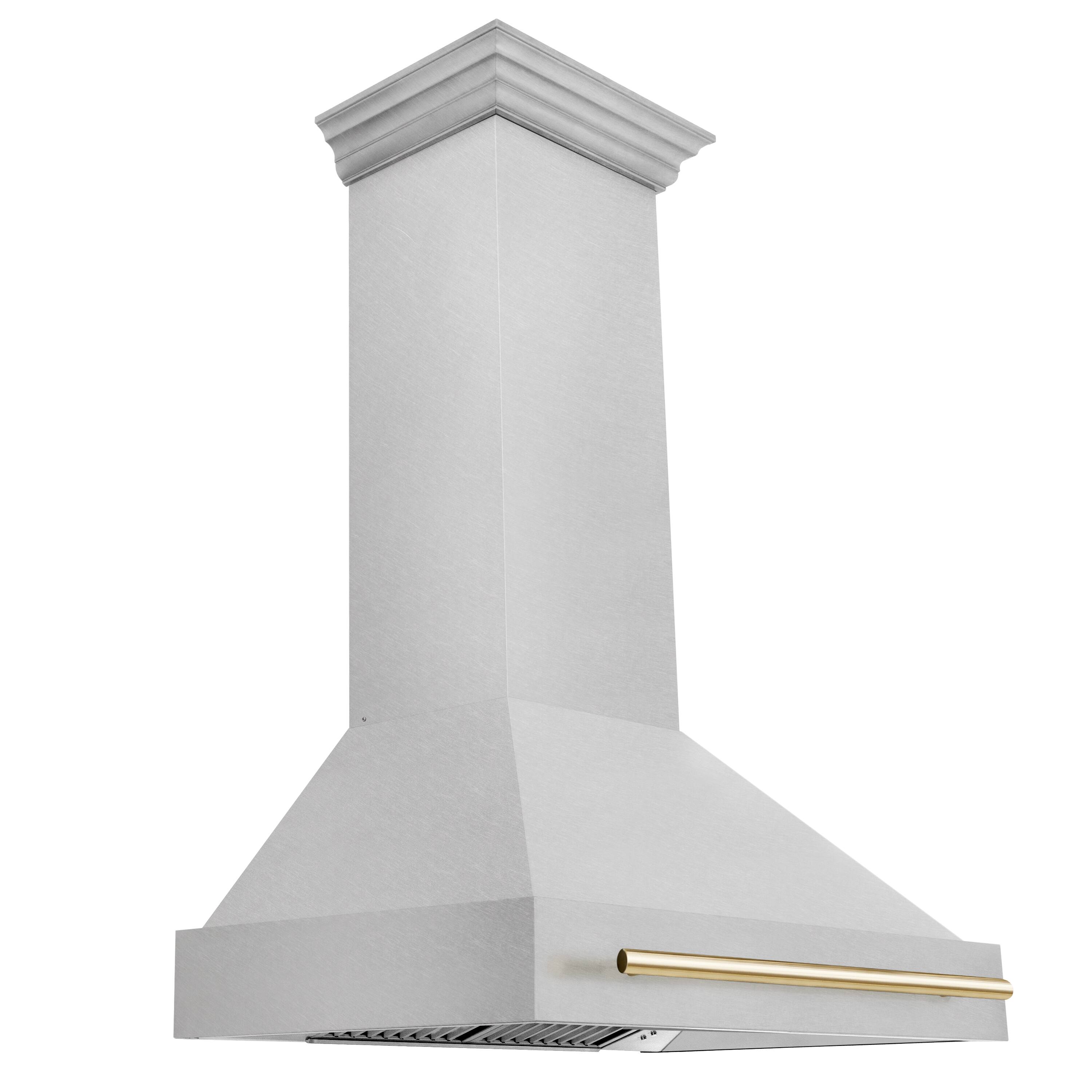 Left. ZLINE - ZLINE Autograph Edition 36 in. Satin Stainless Steel Wall Mount Range Hood with Polished Gold Handle (8654SNZ-36-G) - Satin Stainless Steel.