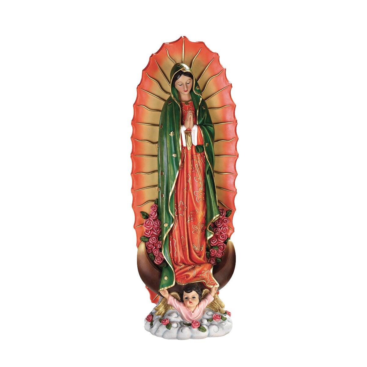 Front. Refined Abode Design - Virgin Of Guadalupe Religious Indoor outdoor Garden Decor Statue Medium Tall Cast Stone Full Finish.
