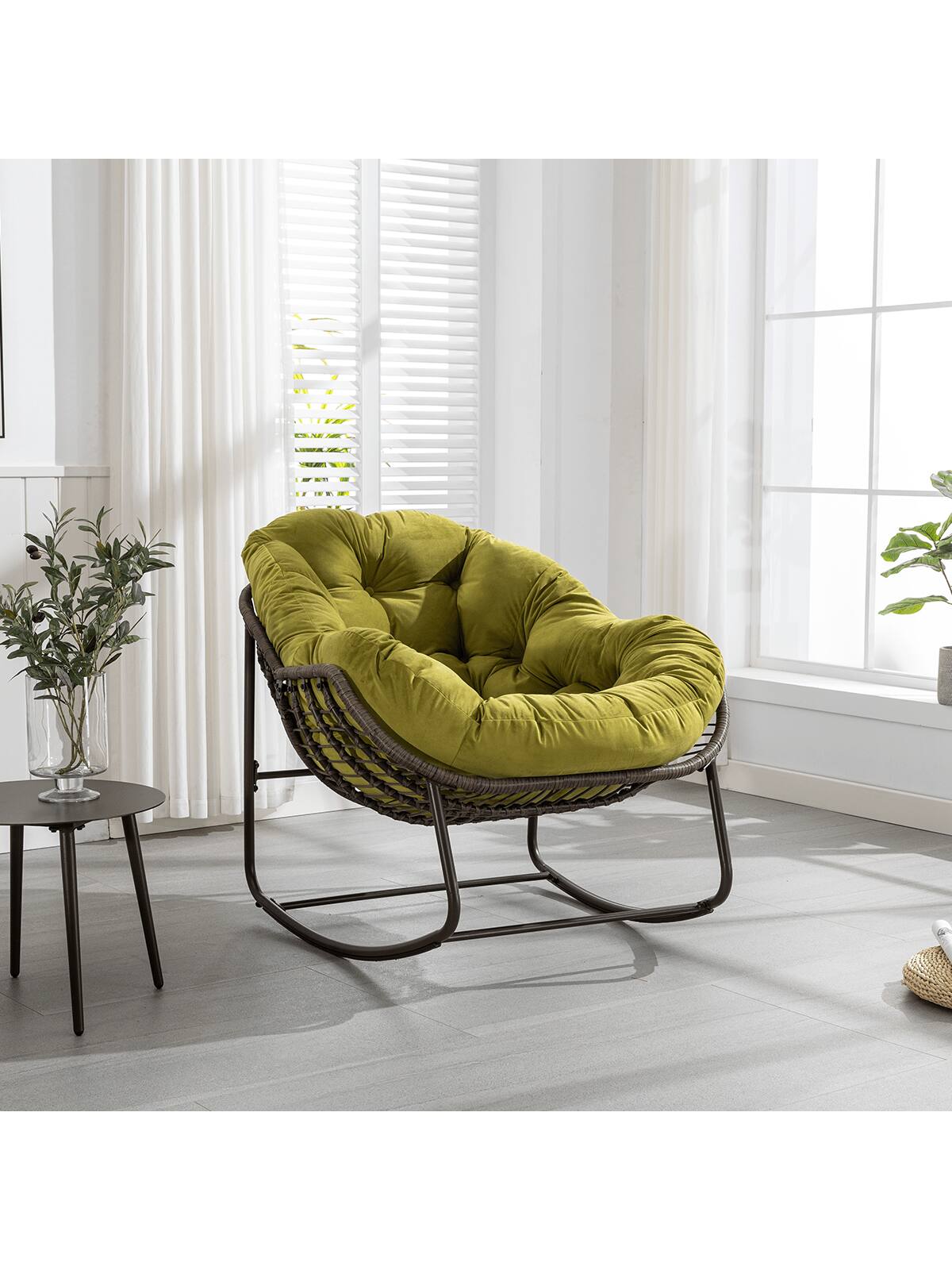 Alt View 2. Trinkets Crazed - Outdoor Patio Rocking Chair Set Of 2,Comfy Wicker Rocker Chair With Padded Cushion,Oversized Rattan Papasan Egg Chair - Olive Green.