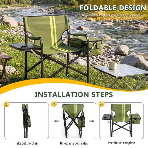 FOLDABLE DESIGN  
No complicated installation required, just open and use  

INSTALLATION STEPS  
1. Take out the chair  
2. Unfold it to both sides  
3. Installation complete