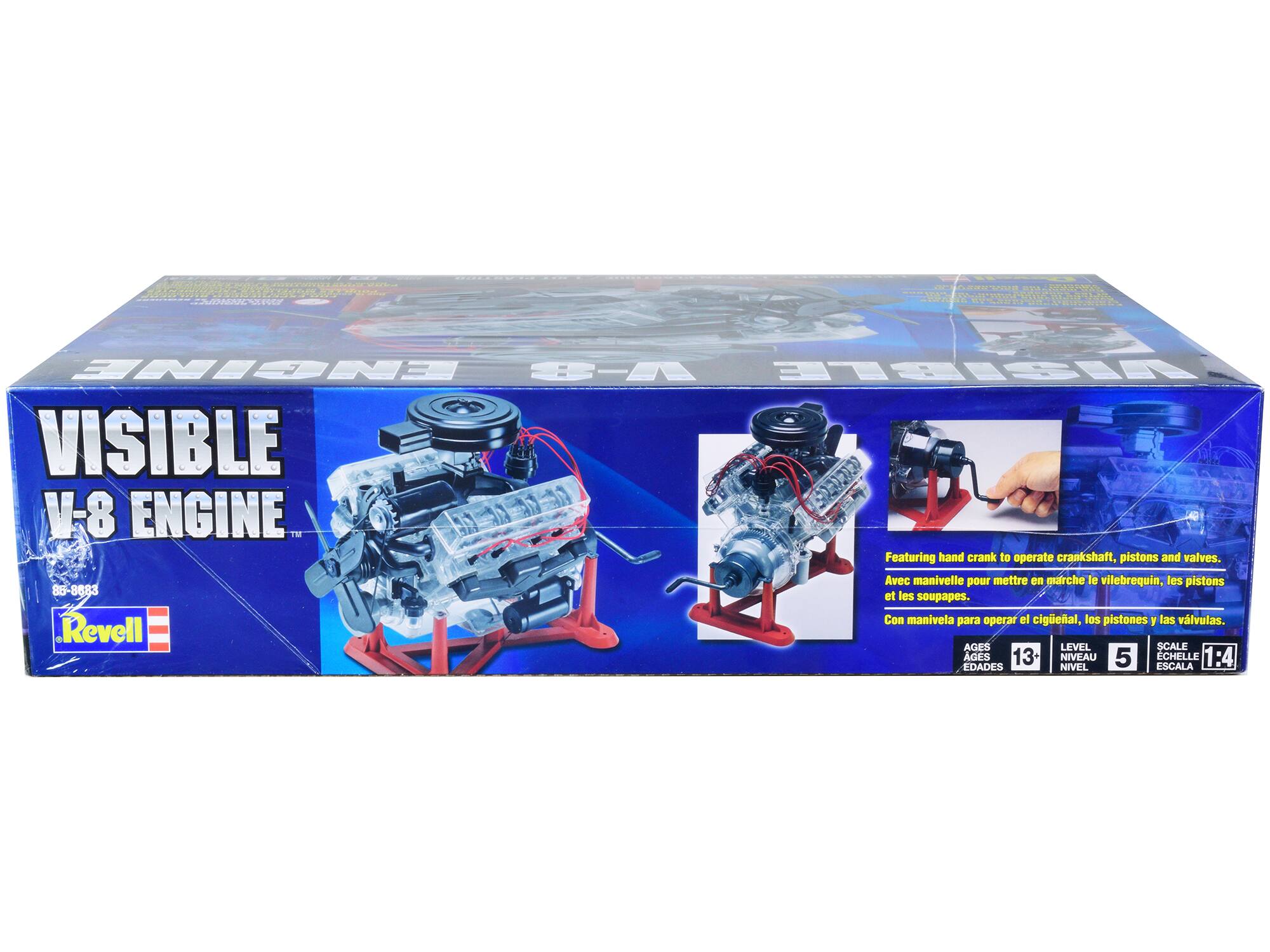 - C esartua ............ O 00 MC-Datio
- ENGINE S4 VISIBL VISIBLE V-8 ENGINE. Featuring hand crank to operate crankshaft, pistons and valves. Avec manivelle pour mettre en marche le vilebrequin, les pistons et les soupapes. Con manivela para operar el cigüeñal, los pistones y las válvulas.
- Revell AGES LEVEL SCALE AGES 13 NIVEAU 5 ECHELLE :4 EDADES NIVEL ESCALA

- VISIBL V-8 ENGINE
- Featuring hand crank to operate crankshaft, pistons and valves. Avec manivelle pour mettre en marche le vilebrequin, les pistons et les soupapes. Con manivela para operar el cigüeñal, los pistones y las válvulas.
- AGES 13+ NIVEAU 5 ECHELLE 1:4 EDADES NIVEL ESCALA
- Revell