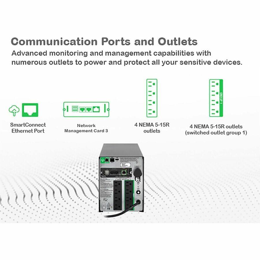 Communication Ports and Outlets

Advanced monitoring and management capabilities with numerous outlets to power and protect all your sensitive devices.

- SmartConnect Ethernet Port
- Network Management Card 3
- 4 NEMA 5-15R outlets
- 4 NEMA 5-15R outlets (switched outlet group 1)