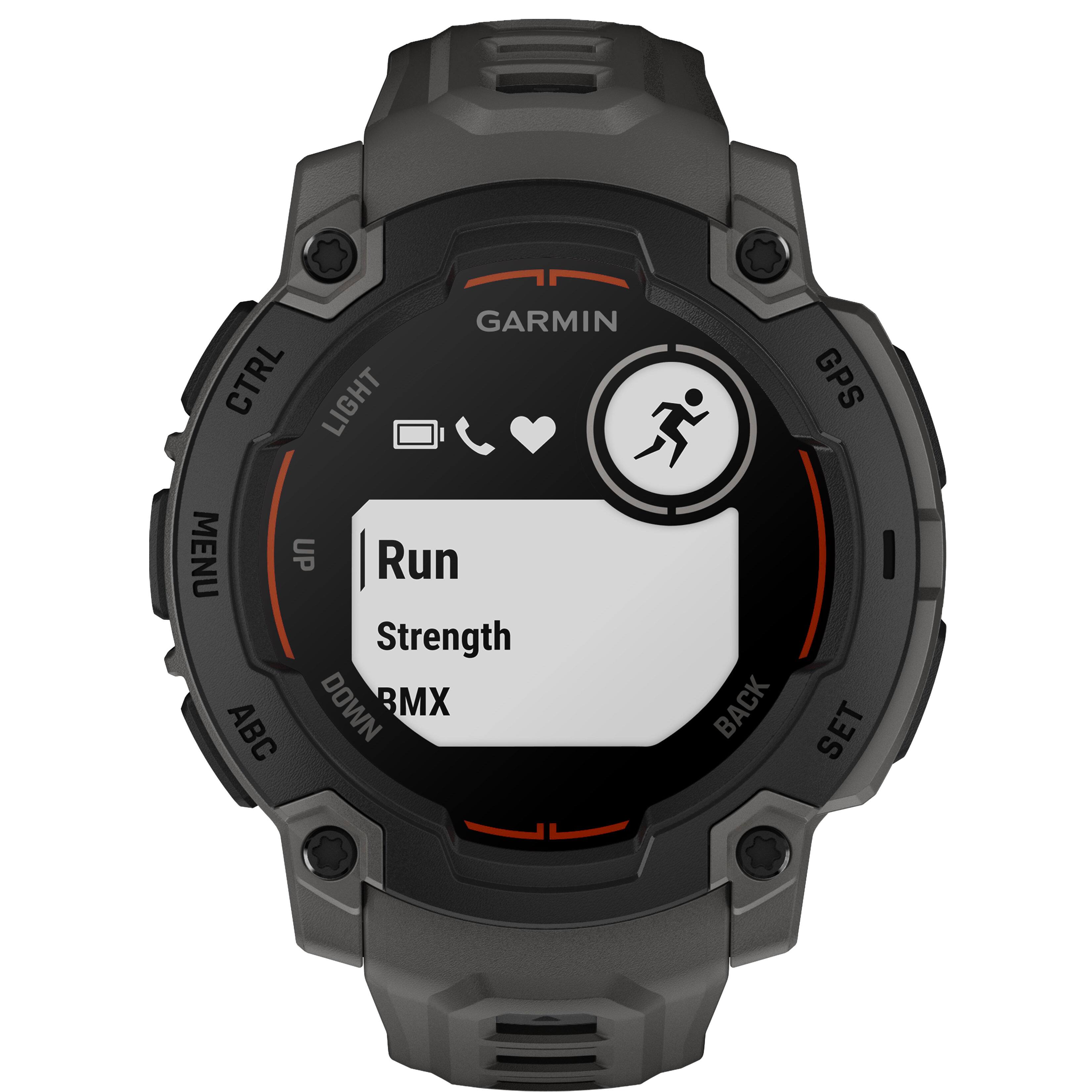 The text on the image reads: "GARMIN CTRL LIGHT MENU UP Run Strength DOWN BMX BACK ABC GPS SET".