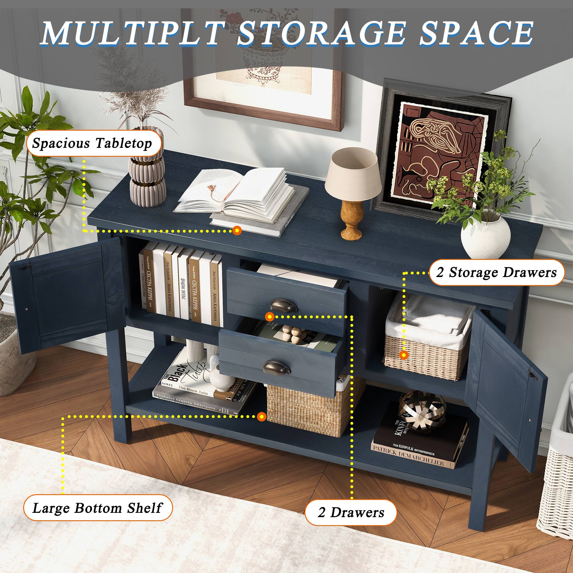 MULTIPLT STORAGE SPACE

Spacious Tabletop

2 Storage Drawers

Large Bottom Shelf

2 Drawers