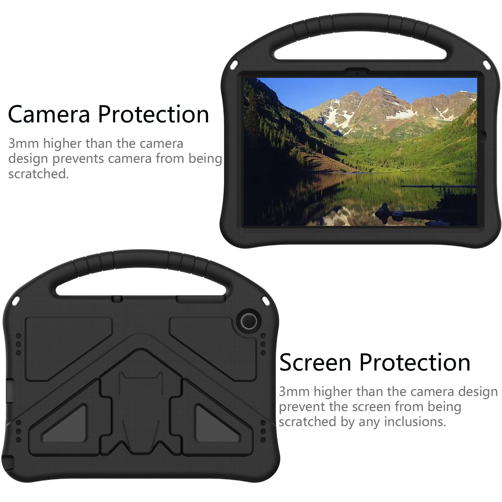 Camera Protection  
3mm higher than the camera design prevents camera from being scratched.  

Screen Protection  
3mm higher than the camera design prevents the screen from being scratched by any inclusions.