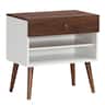 Costway - Nightstand End Side Table Drawer Storage Shelf Mid-Century Rubber Wood Leg - Walnut/White
