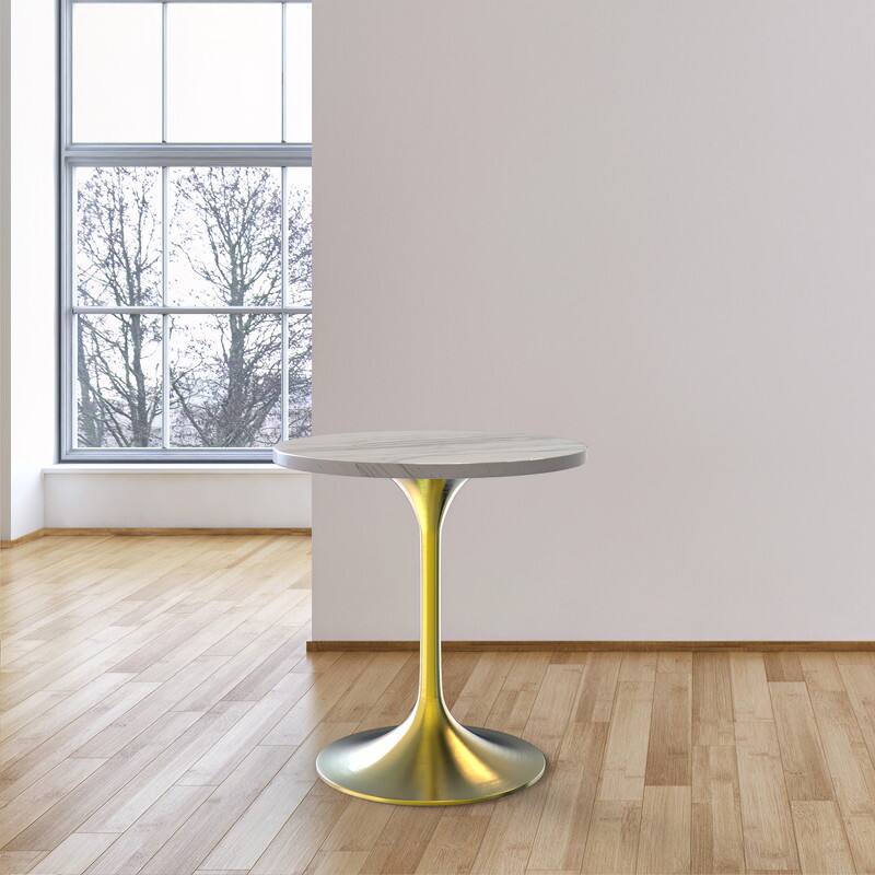 Alt View 1. LeisureMod - Verve 27 Inch Round Dining Table with Laminated White Marbleized Top and Brushed Gold Base, Modern Bistro Accent Table - White.