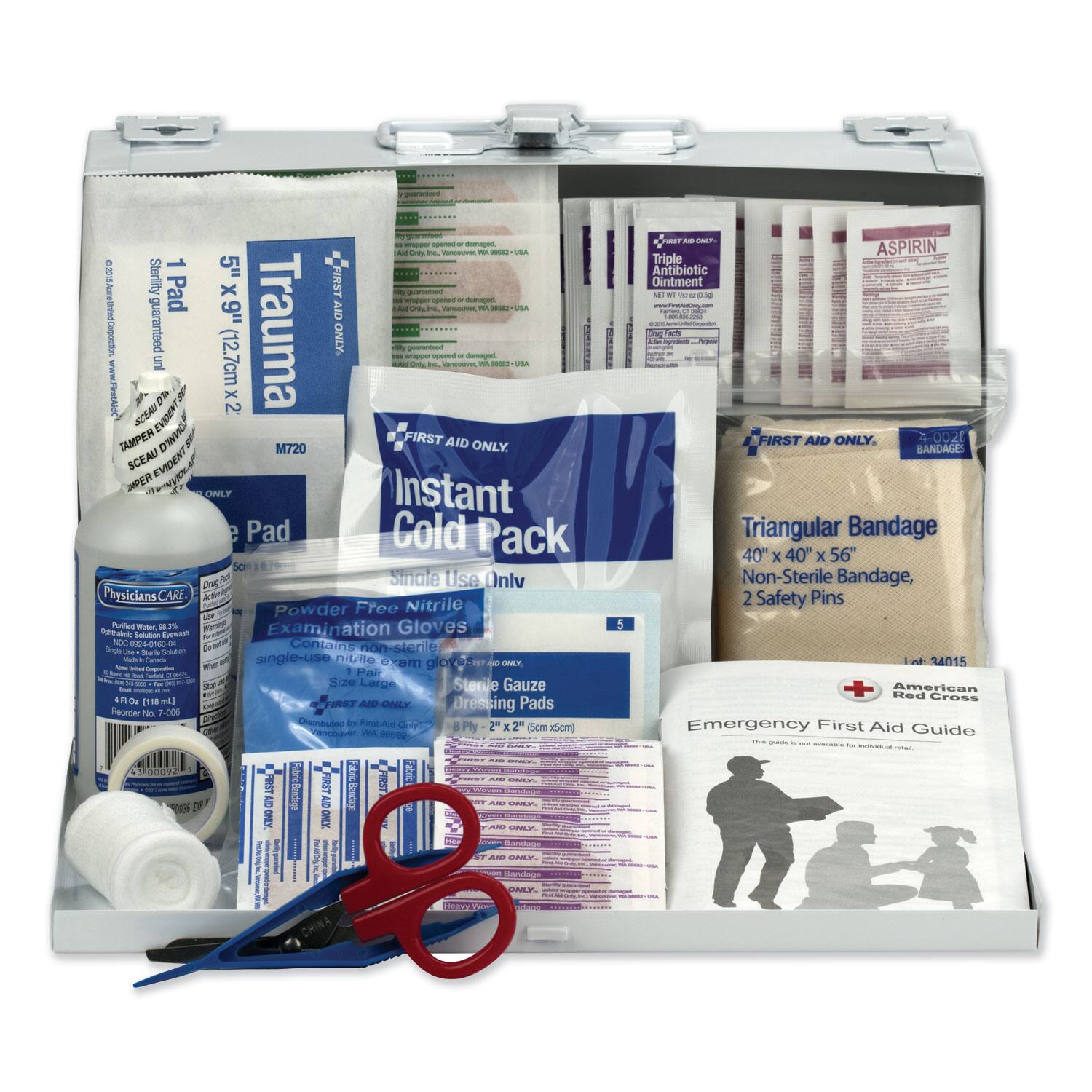 - A Ca - 1 5" i Sterility I Pad X FIRST AID - 9" guaranteed Trauma ONLY - (12.7cm - www.PirstAlt SEN EVIEENT 2 TAMPER DINO M720 FIRST AID ONLY. SCEAU EVIDENT INPER Instant ONLY Pad Cold Pack So Pw N Sindle Use Onlv Physicians CARE Amn Powder Free Nitrile - Purtted - 5% Examination Gloves n Sadudionn T 0ID6G180 Contains non-sterio - single-use nitrite exam - Pai - Size Large Sterile Gauze - FIRST Aots ONLY Dressing Pads Reorder No 7-006 Otrbue te Fosl 8 x2" 1y WA Pty 5om emi mnaluve 10000 - did- Falee i E FIRST W DF GY Bandiage AD Randage - ONLY ONLY - 5 . - ASPIRIN Triple Antibiotic Ointment ig - FIRST AID ONLY. 2-002 BANDAGE Triangular Bandage 40" x 40" x 56" Non-Sterile Band