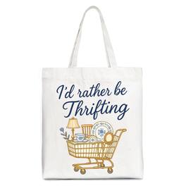 OrnamentallyYou - I’d Rather Be Thrifting Canvas Tote Bag, Vintage Thrift Shop Lover Gift Shopper - White
