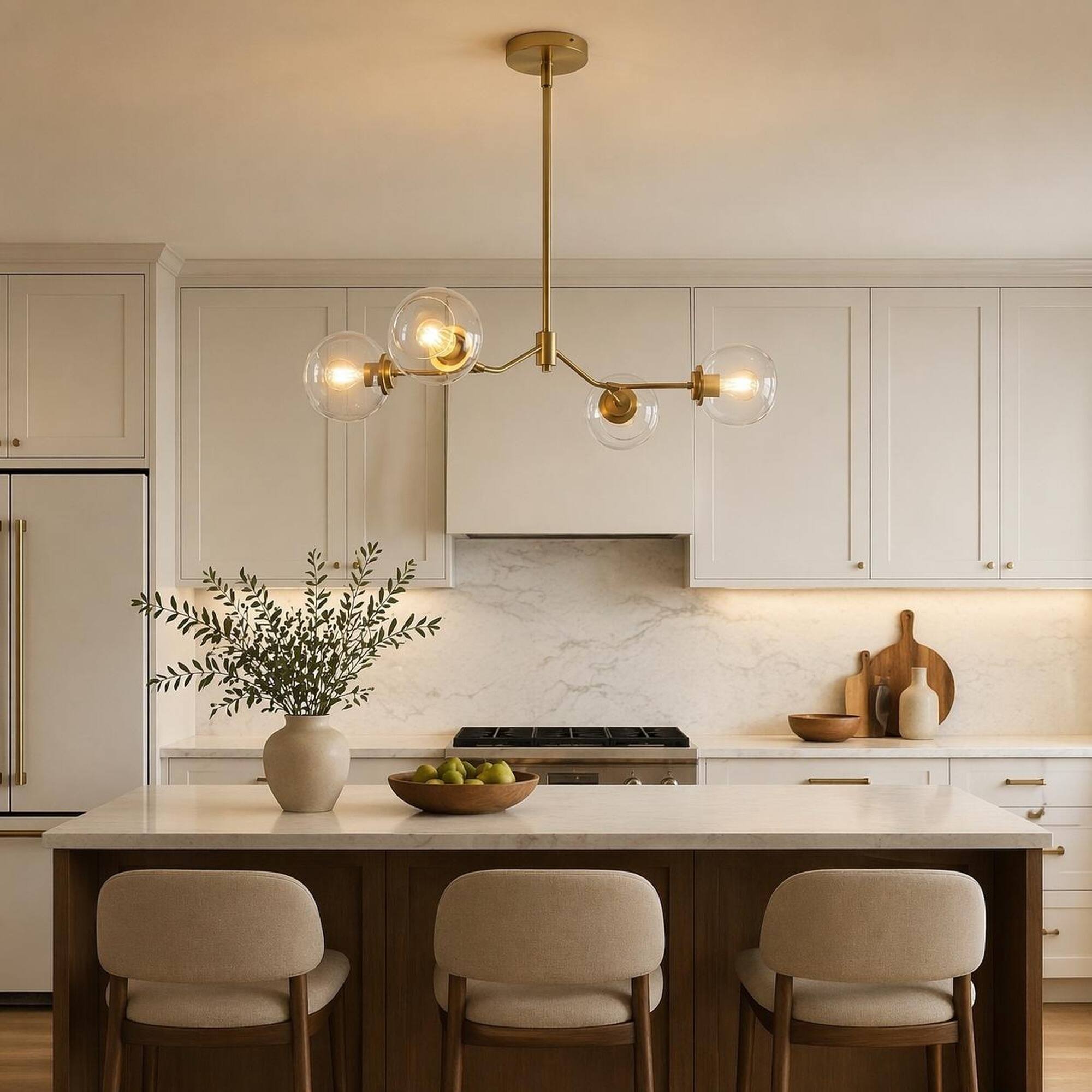 Back. RYHNUYNE - 36 in. 4-Light Modern Farmhouse Linear Chandelier with Clear Glass for Kitchen Island Dining Room - Clear,Gold.