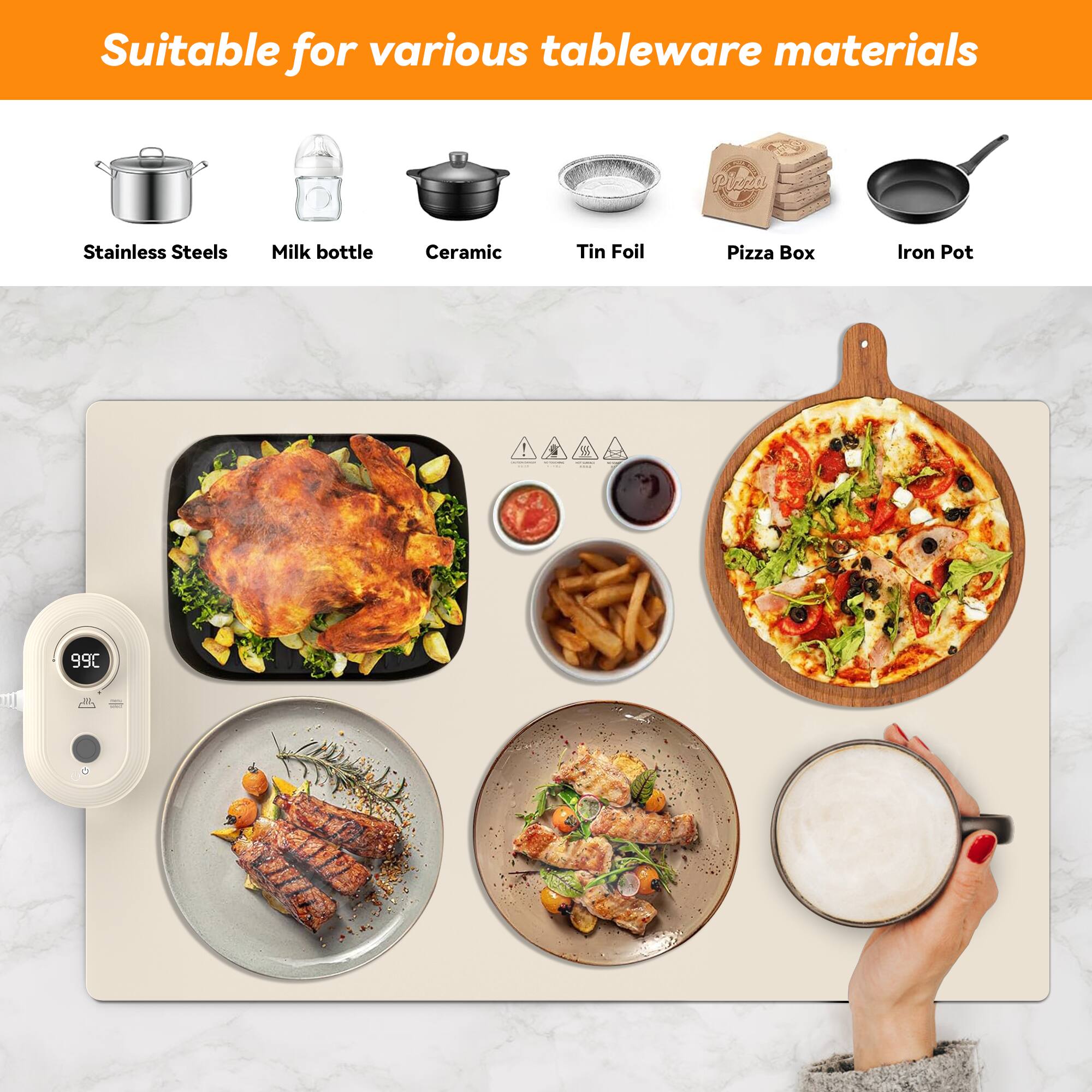 Suitable for various tableware materials

- Stainless Steels
- Milk bottle
- Ceramic
- Tin Foil
- Pizza Box
- Iron Pot