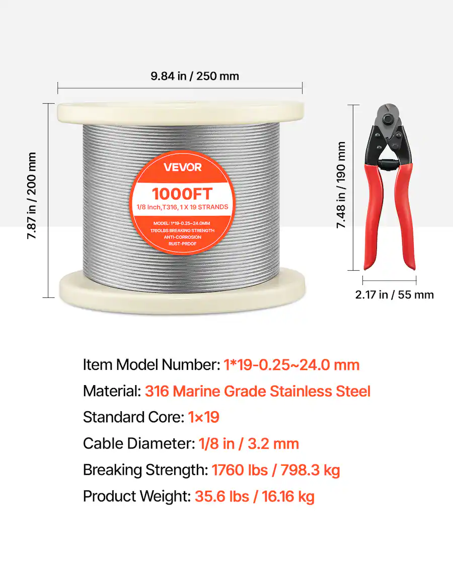 24 Inch High Railing VEVOR 1/8 Inch Wire Rope, 1000 ft Length, 316 Stainless Steel Wire ...